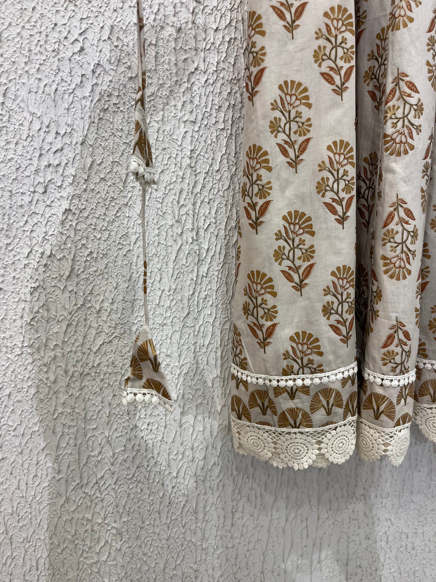 Beige Printed Cotton Anarkali Suit Set with lace detailing