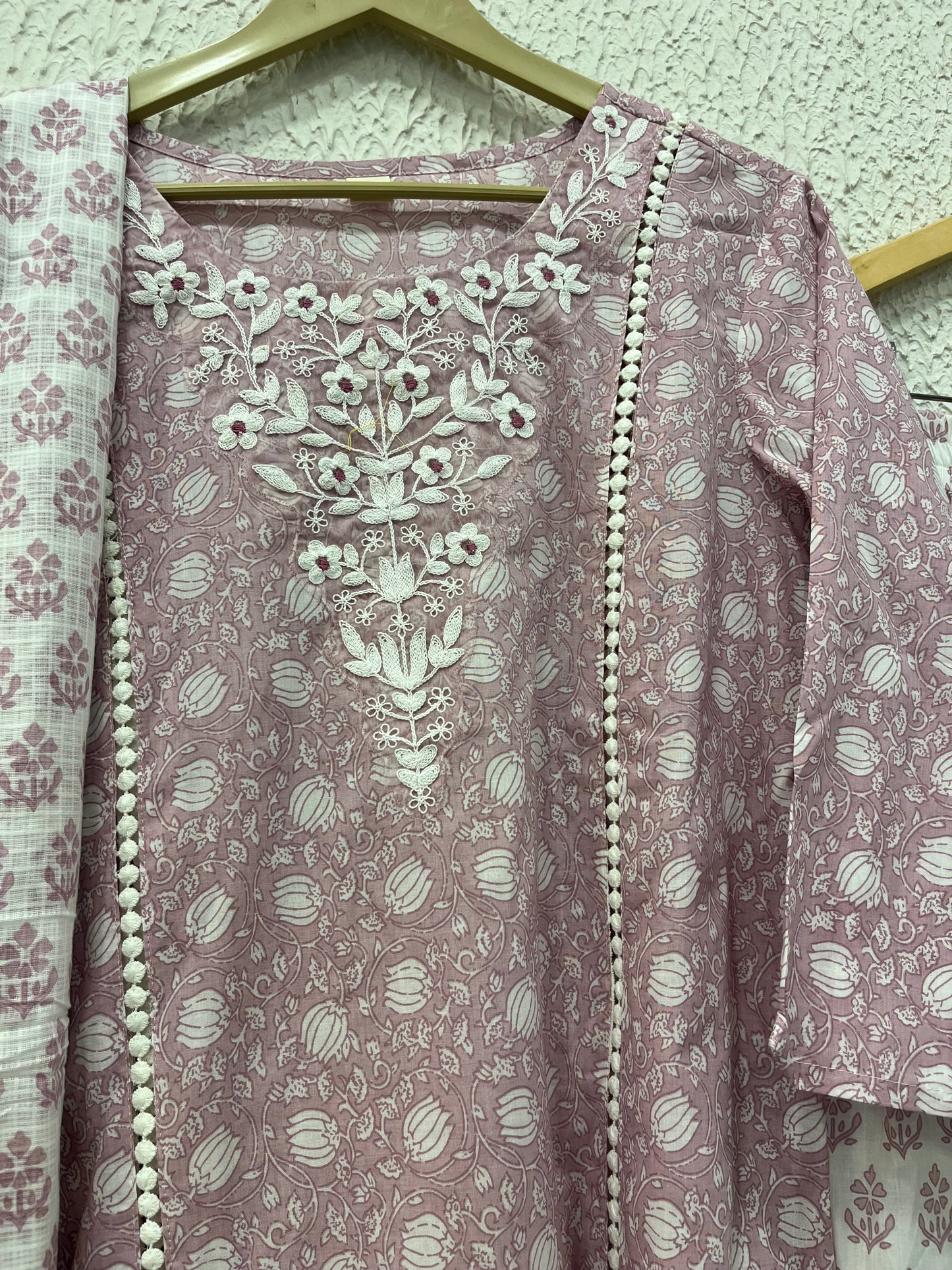 Pink printed cotton kurta set with dupatta