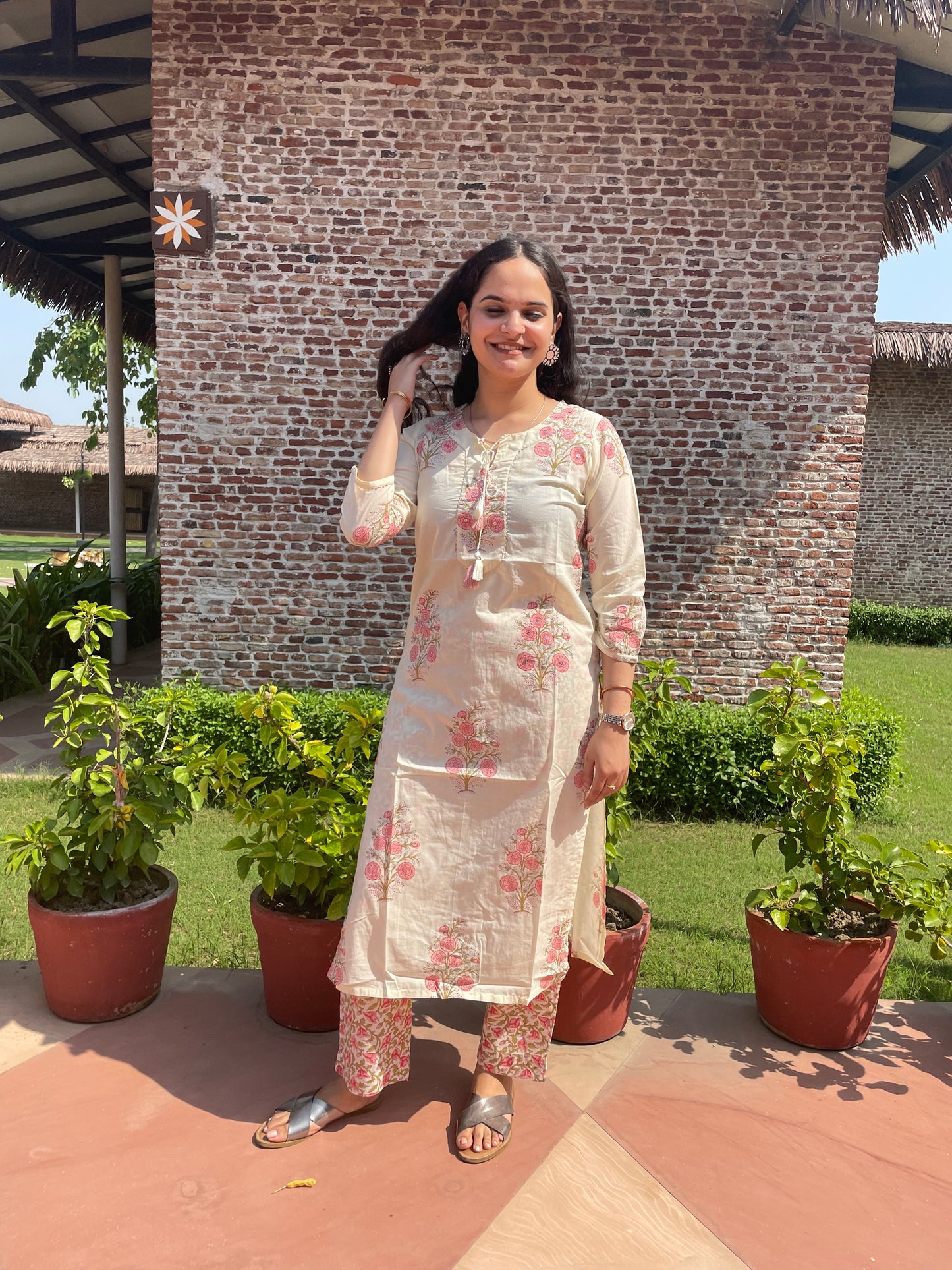Off White Cotton Printed Kurta Set