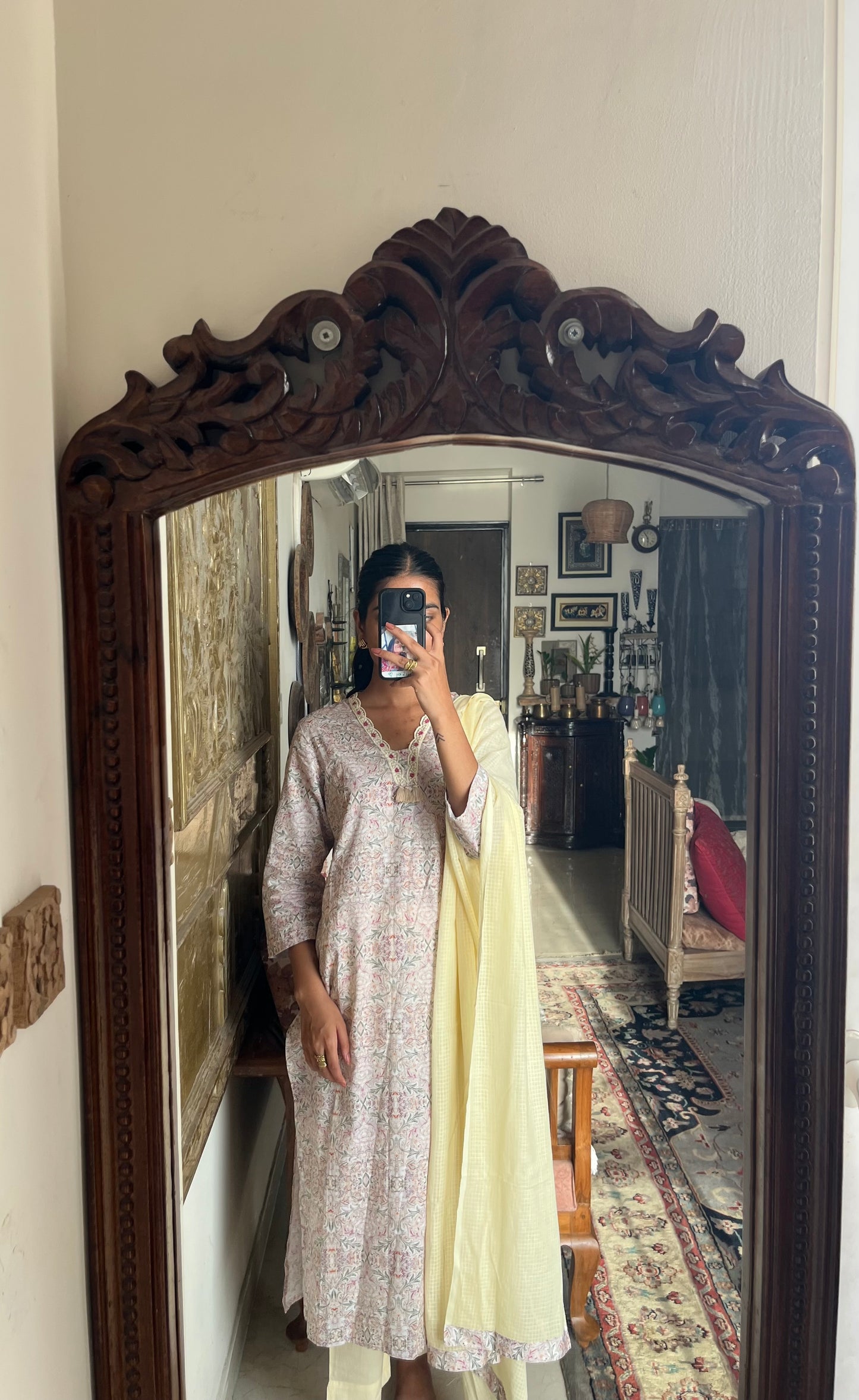 Cream Cotton Suit Set With Kota Doriya Dupatta