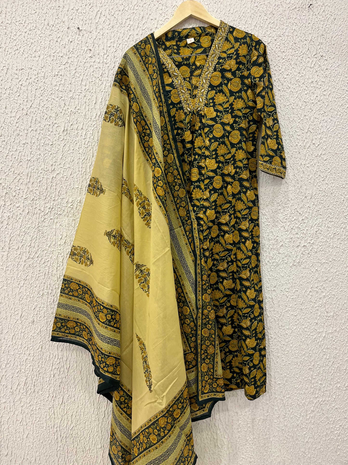 Green Printed Cotton A-line Suit Set