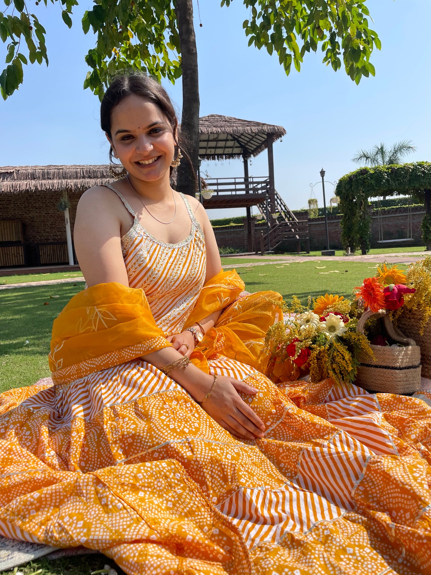 Yellow Gotta work Cotton Anarkali Suit Set with Organza Dupatta