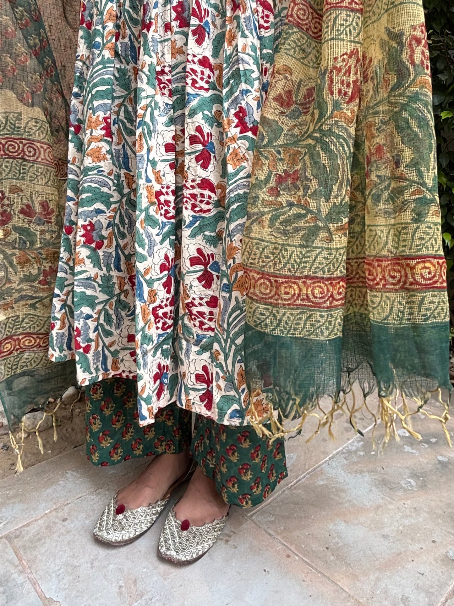 Green Handblock Printed Cotton Anarkali