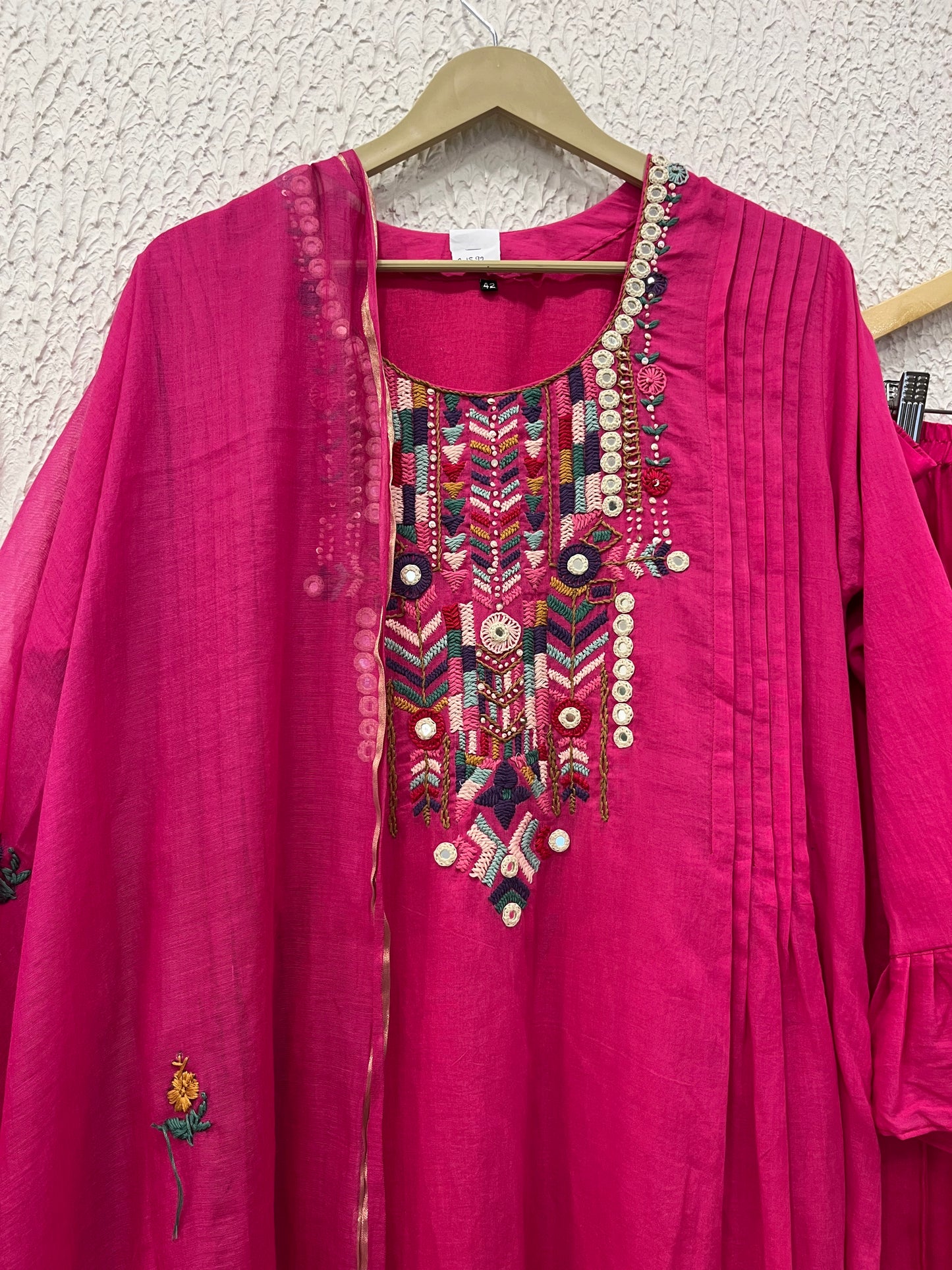 Pink Mul Cotton Suit Set with hand katha work