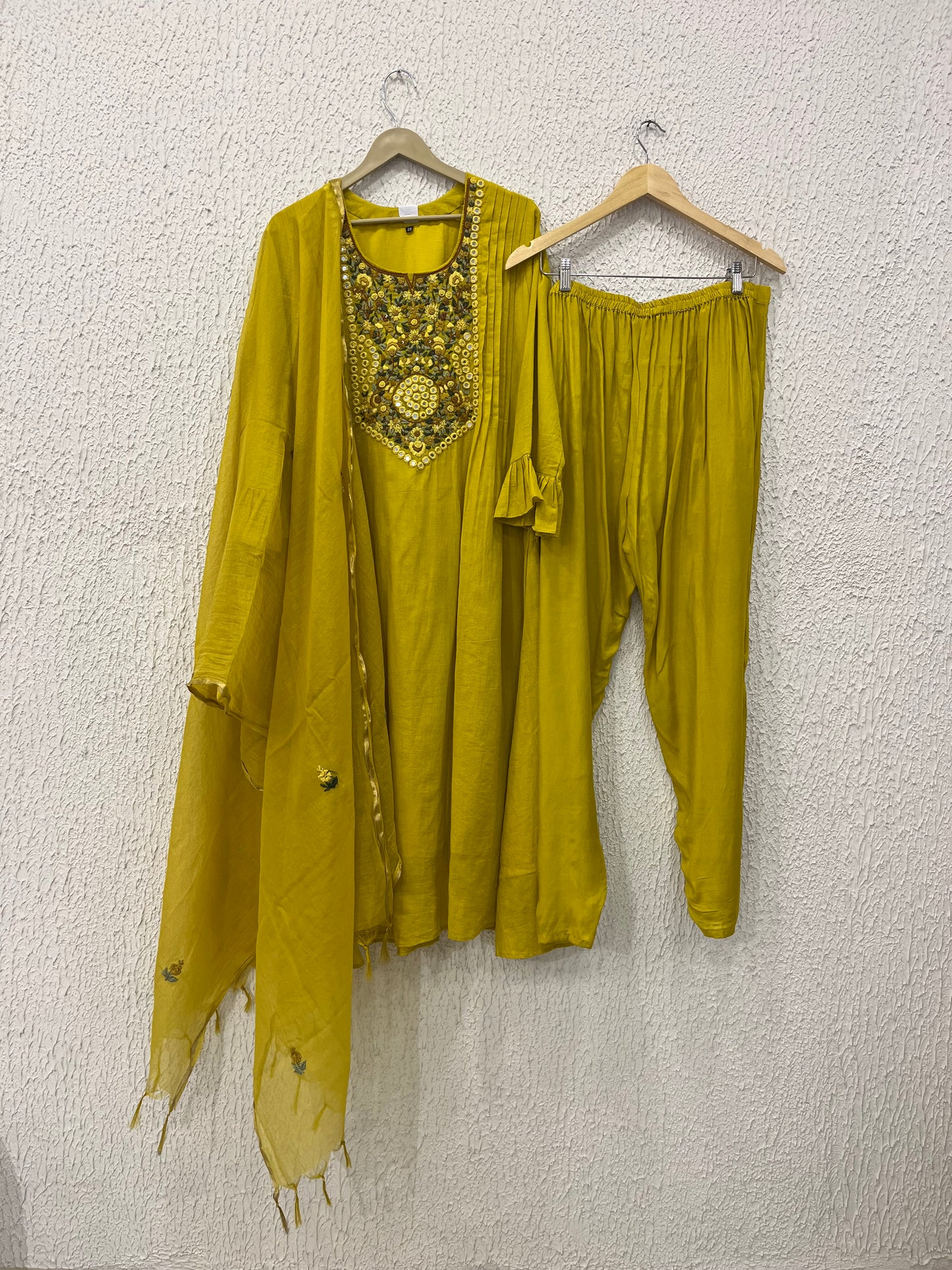 Yellow Mul Cotton Suit Set with hand katha work