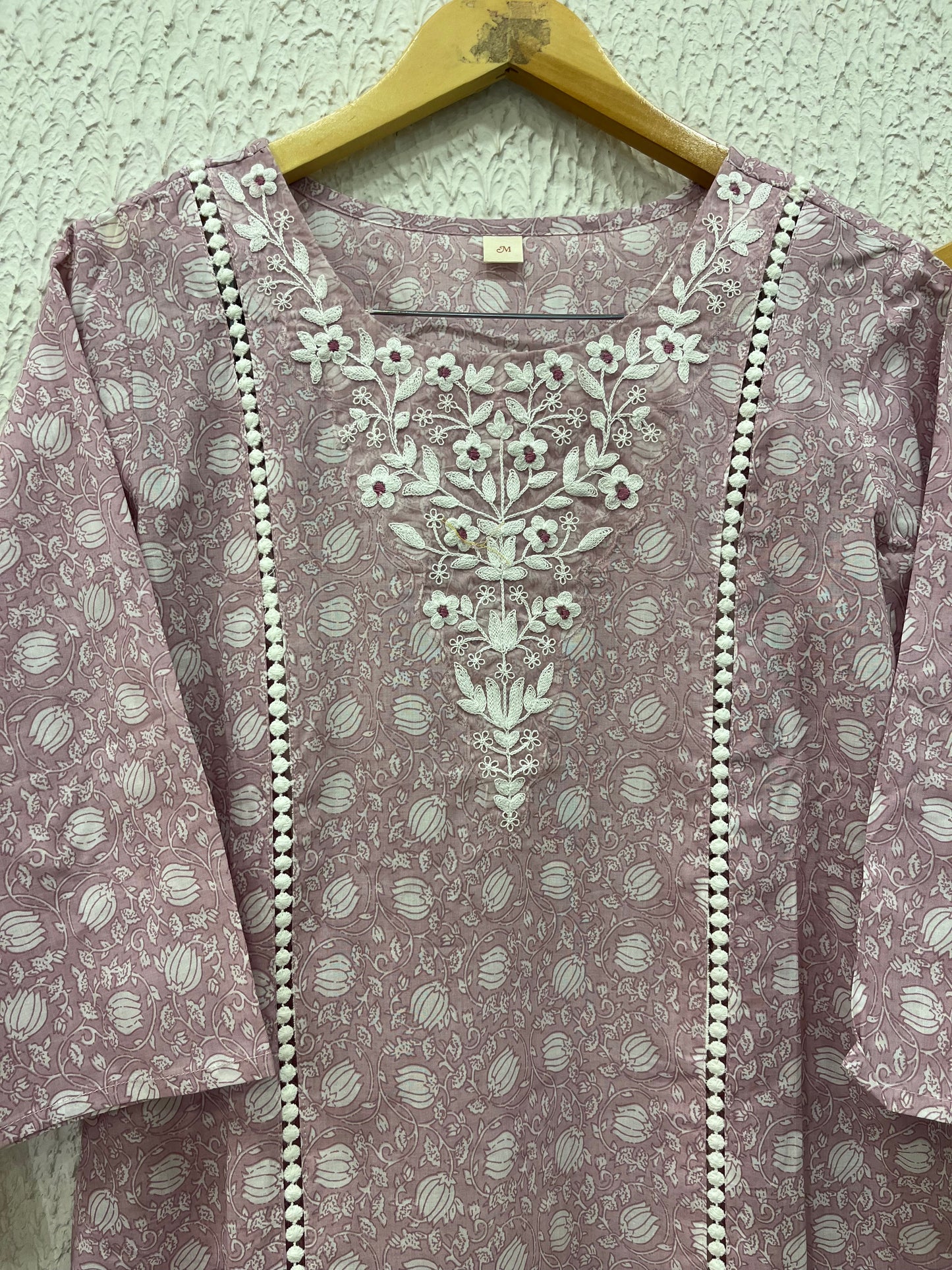 Pink printed cotton kurta set with dupatta