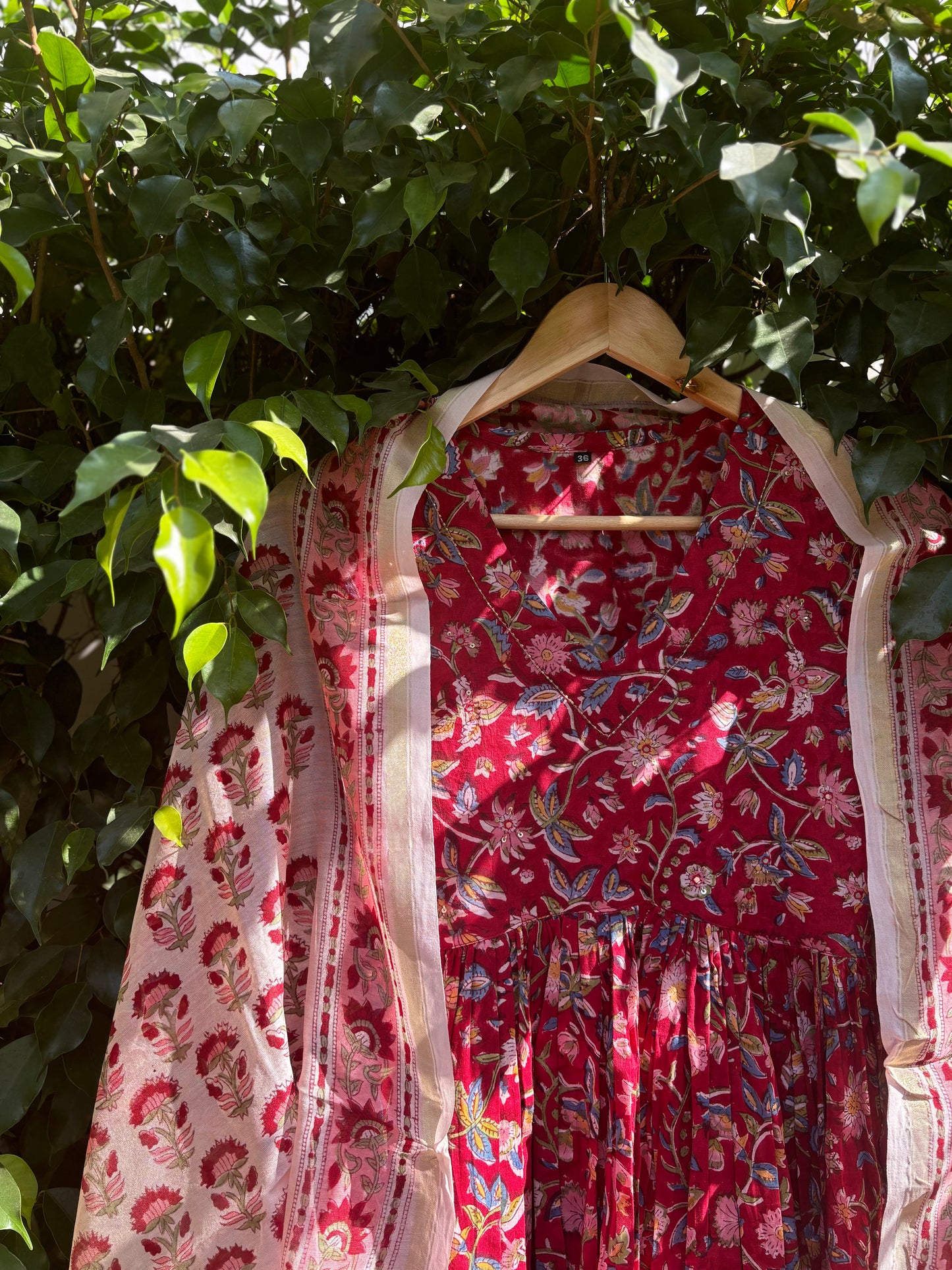 Red Pure Hand-block Anarkali Suit Set with Chanderi Dupatta