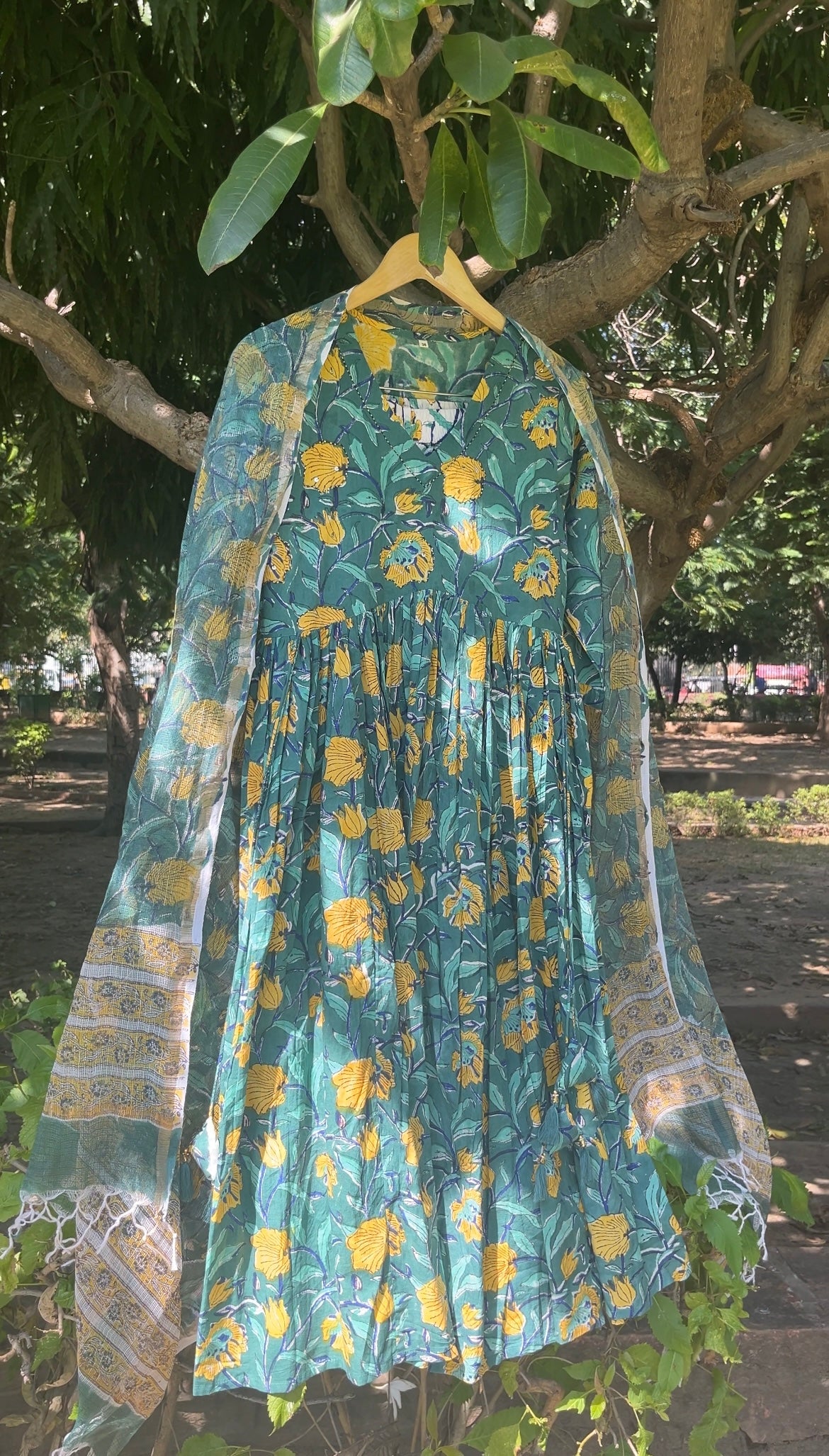 Floral Green Handblock Printed Cotton Anarkali