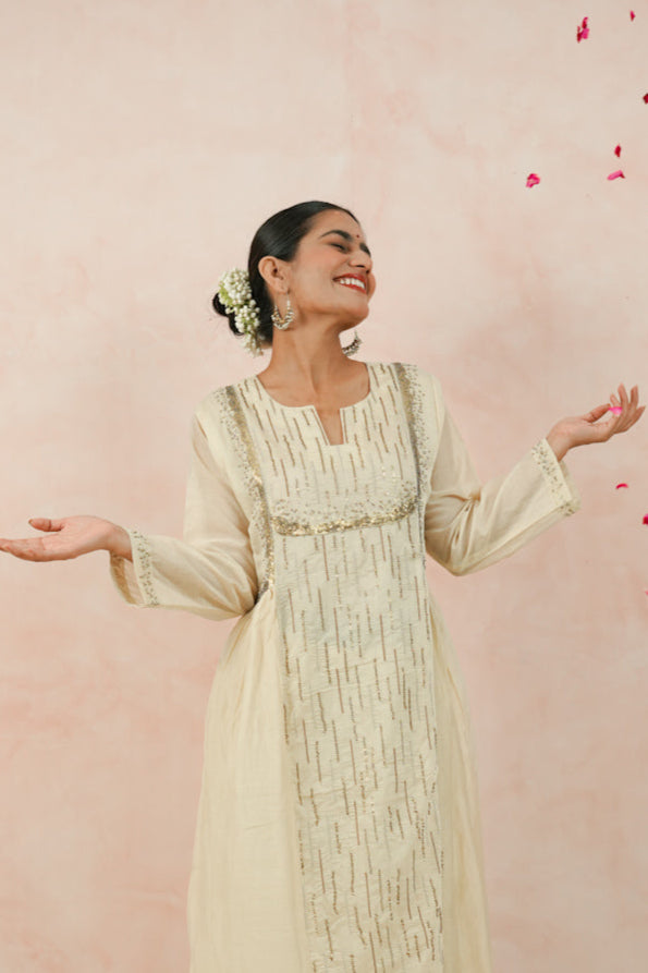 Off-White Hand-Embroidered Mul Chanderi Suit Set
