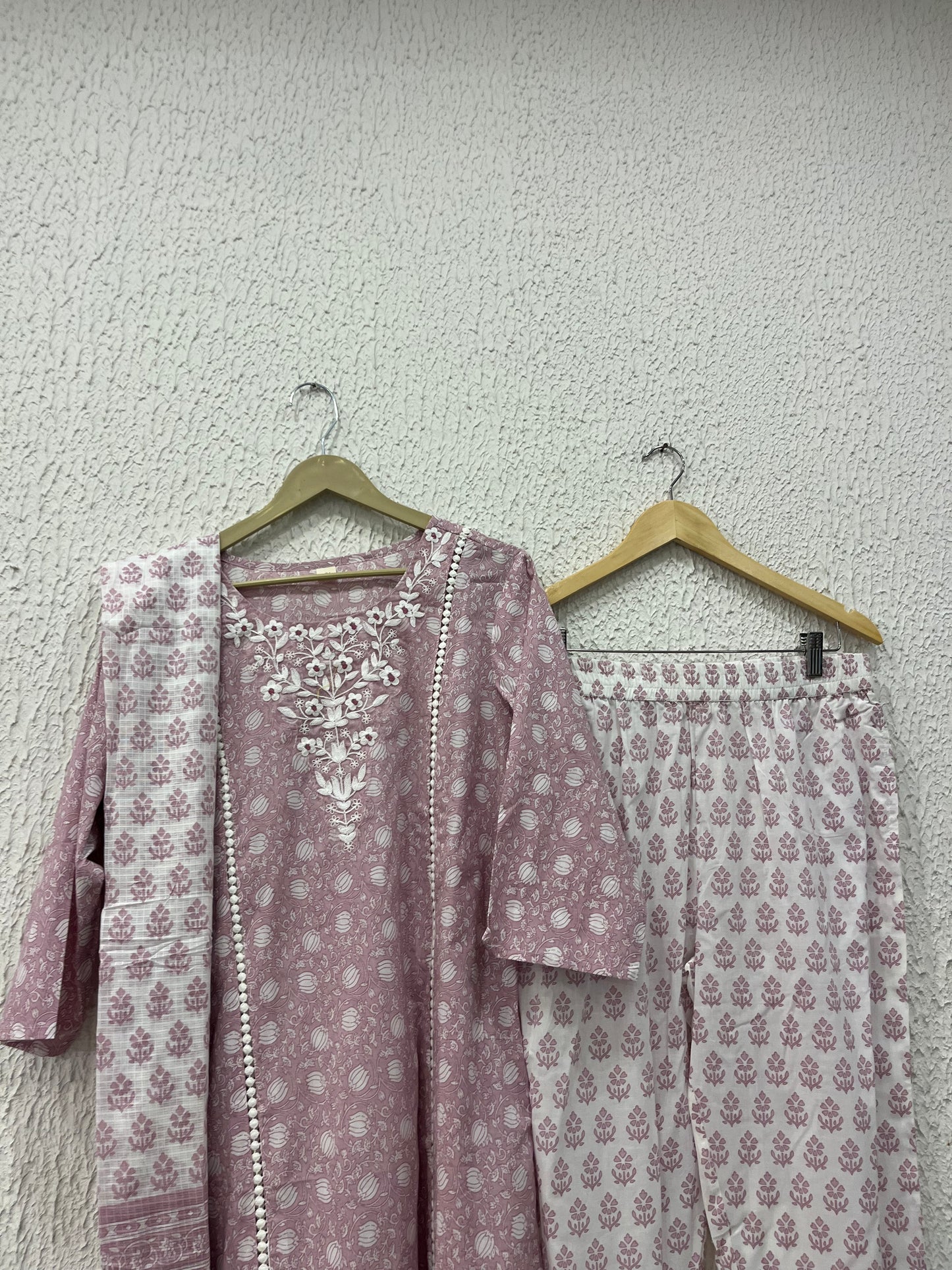 Pink printed cotton kurta set with dupatta