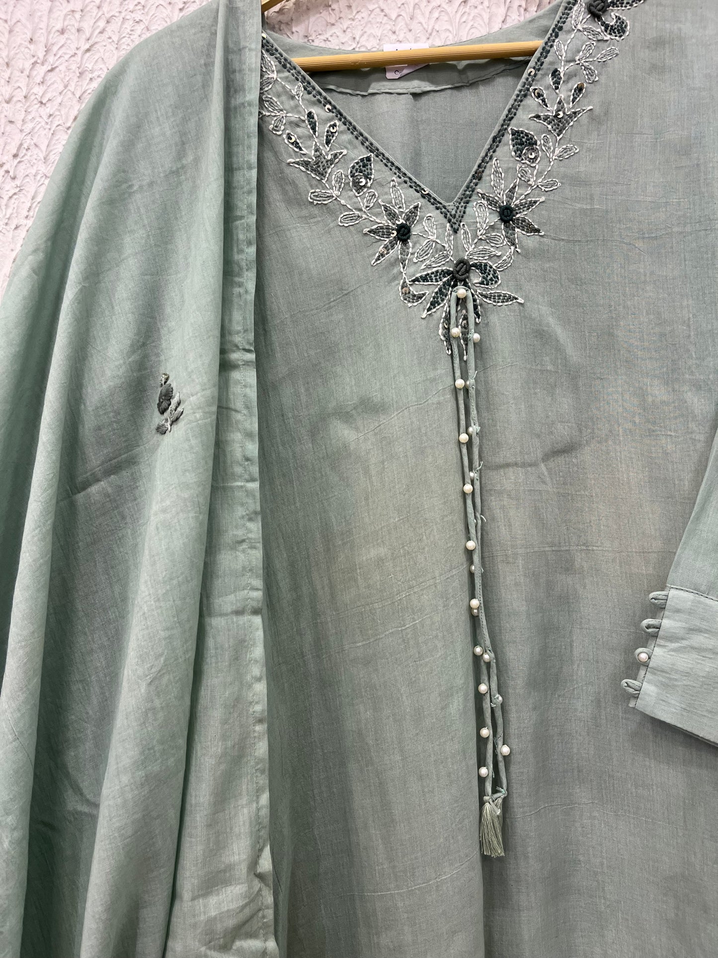 Sea Green Mul Cotton Suit Set with hand katha work