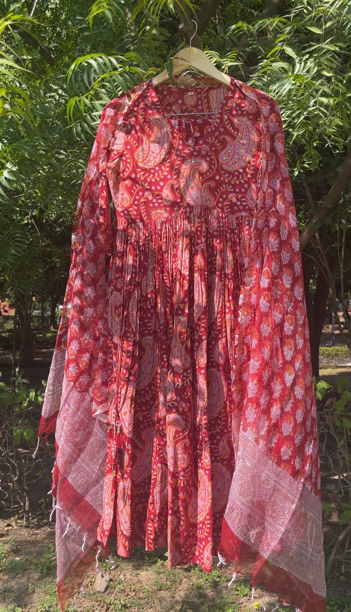 Red Handblock Printed Cotton Anarkali