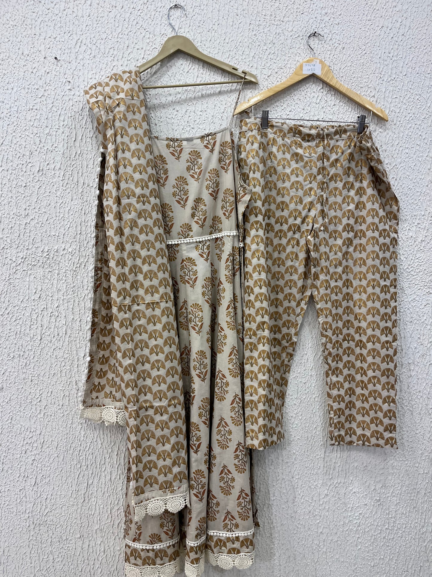 Beige Printed Cotton Anarkali Suit Set with lace detailing