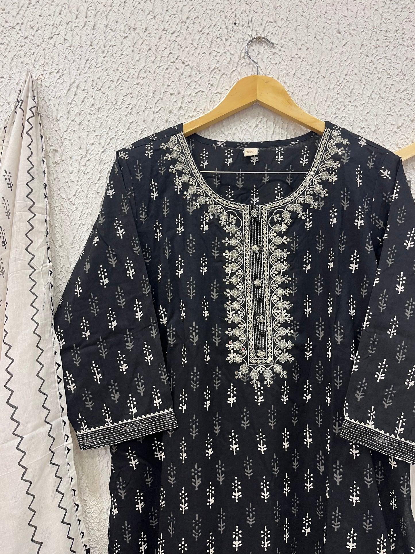 Black printed cotton kurta set with dupatta