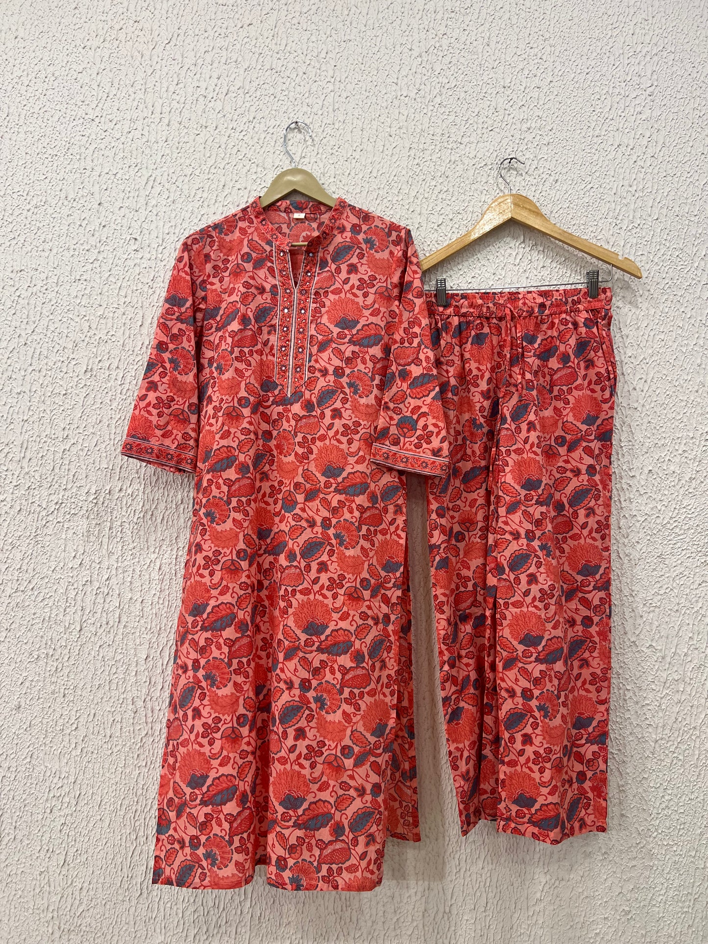 Orange Floral Cotton Kurta Set