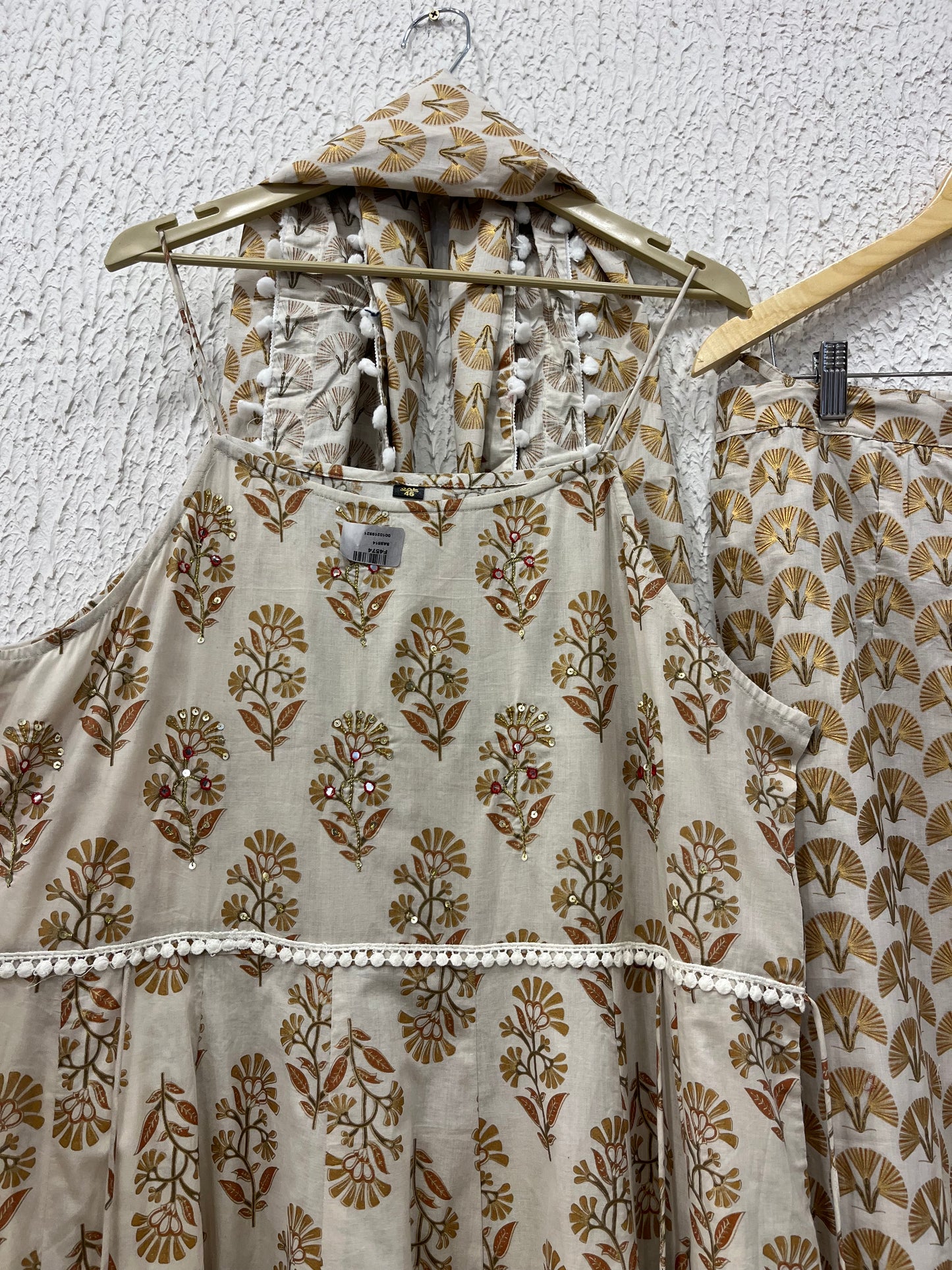 Beige Printed Cotton Anarkali Suit Set with lace detailing