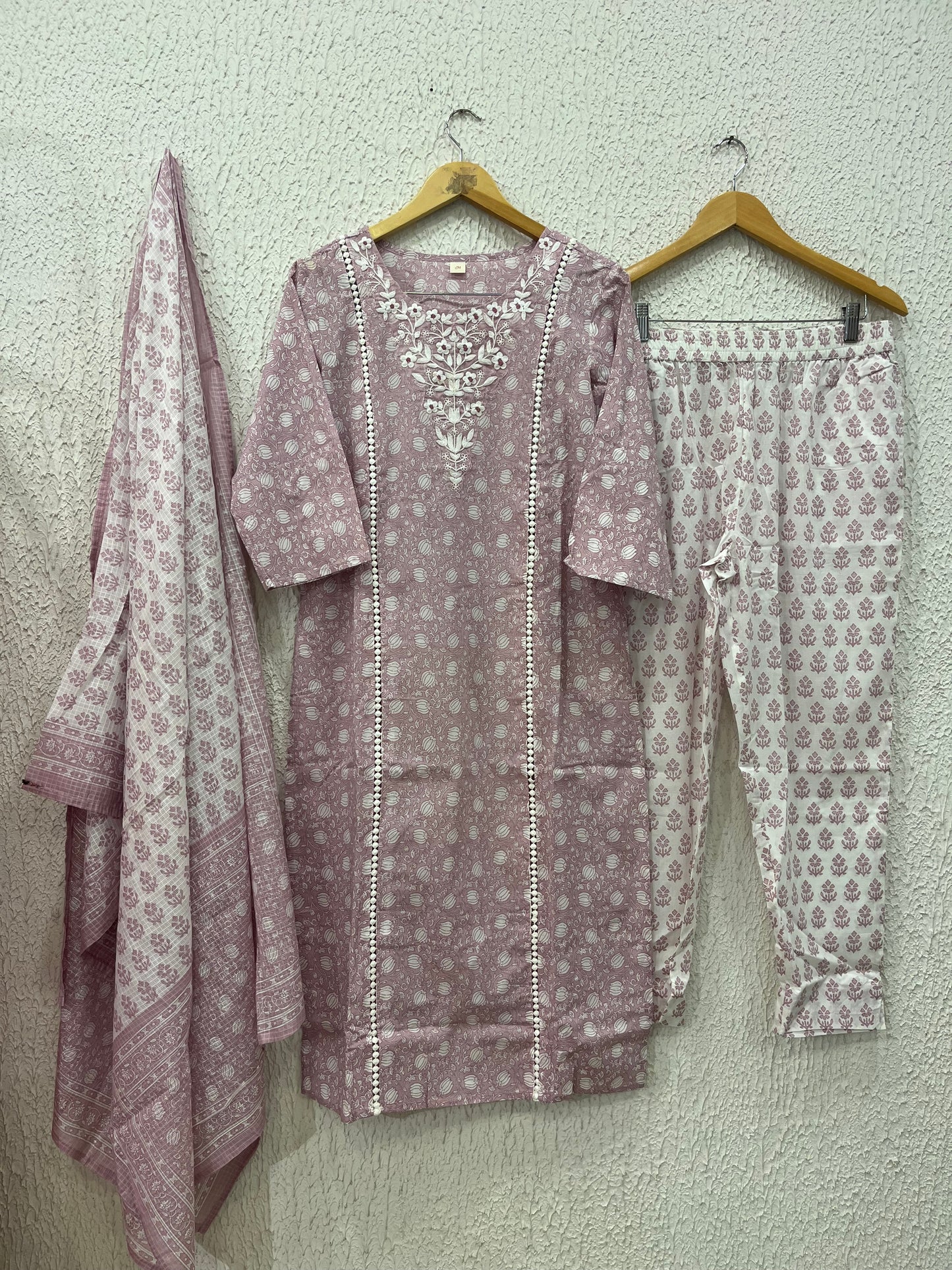 Pink printed cotton kurta set with dupatta