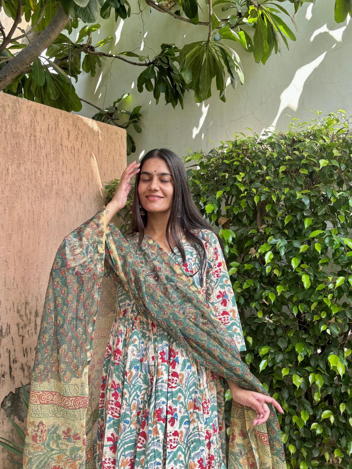 Green Handblock Printed Cotton Anarkali