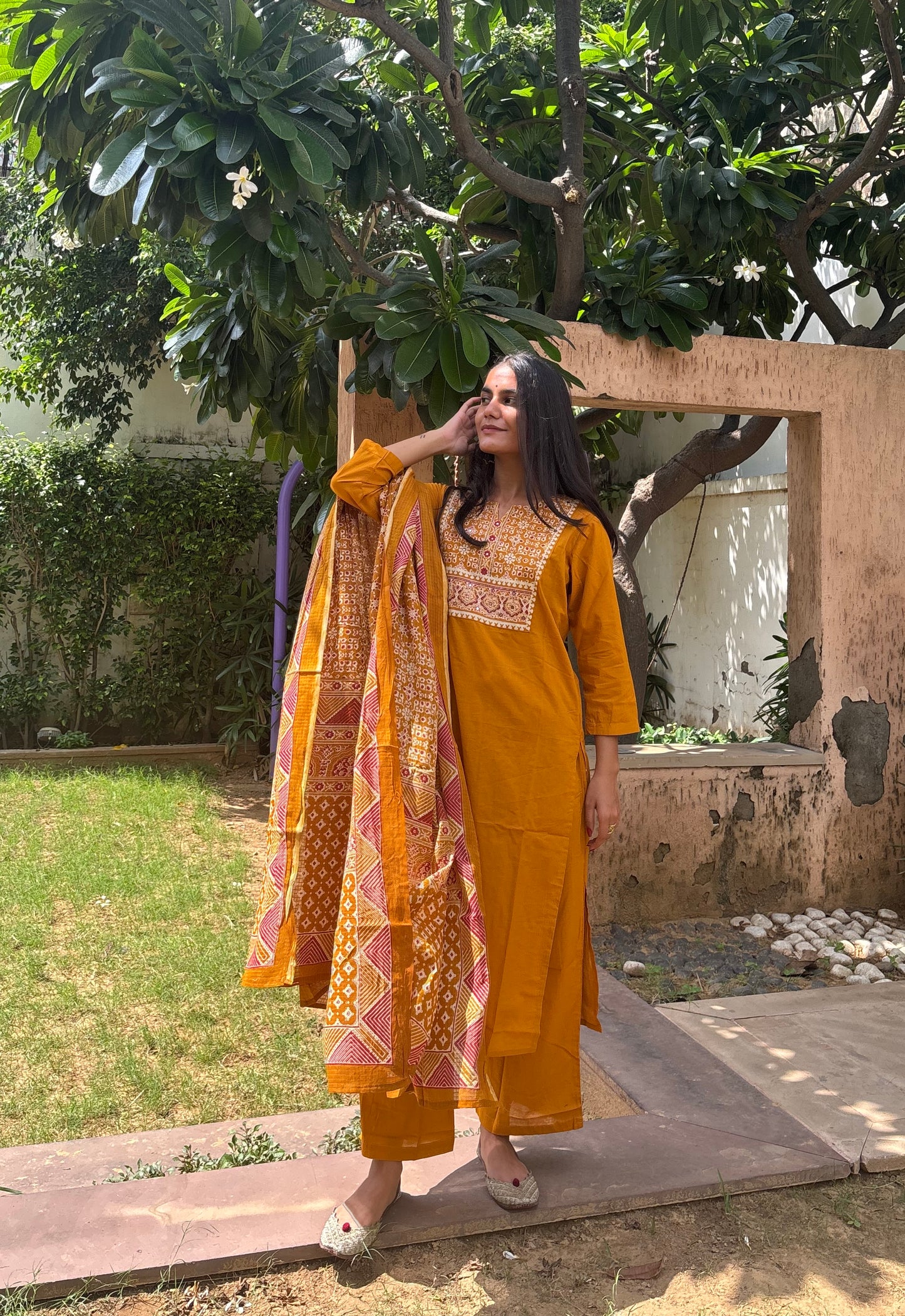 Mustard Cotton Suit Set with Ajrak Printed Dupatta