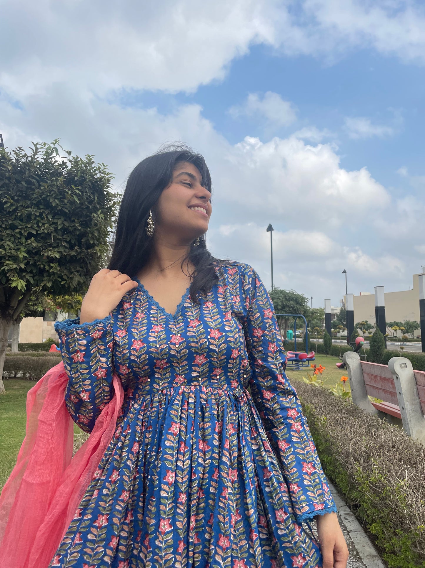 Blue Handblock Cotton Printed Kurta with kota doriya dupatta.