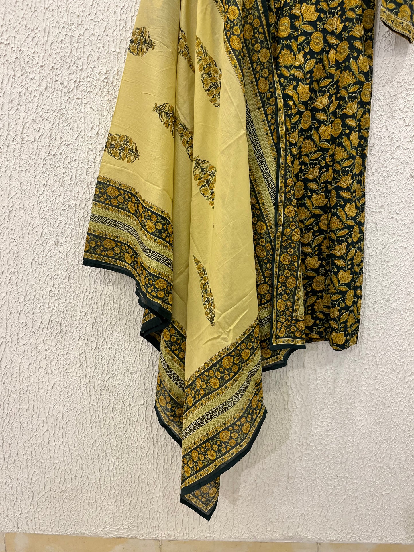Green Printed Cotton A-line Suit Set