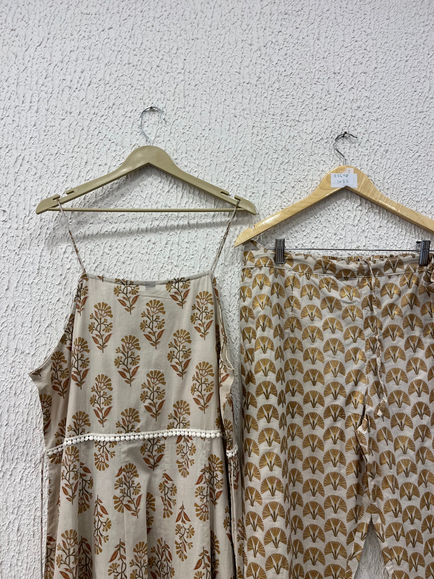 Beige Printed Cotton Anarkali Suit Set with lace detailing