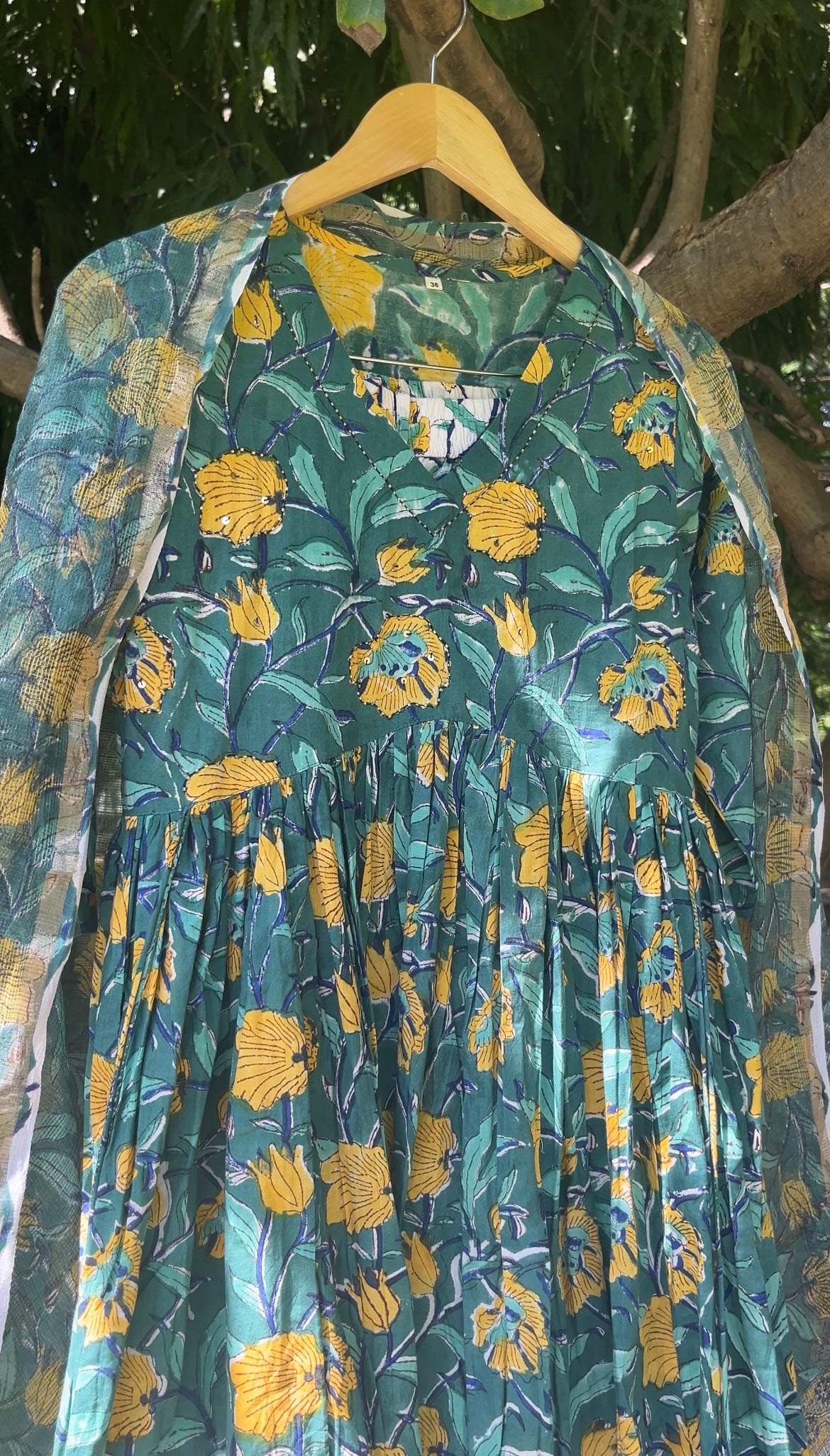 Floral Green Handblock Printed Cotton Anarkali