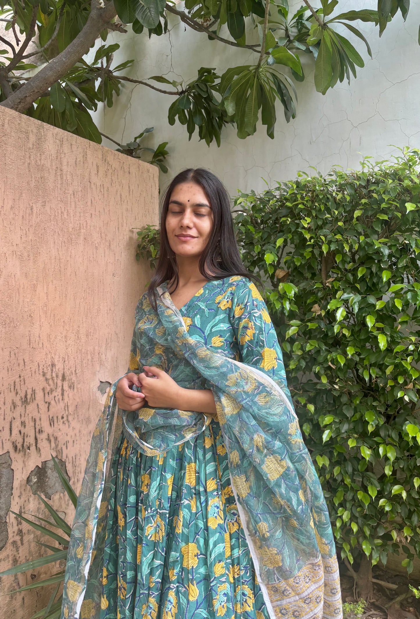 Floral Green Handblock Printed Cotton Anarkali