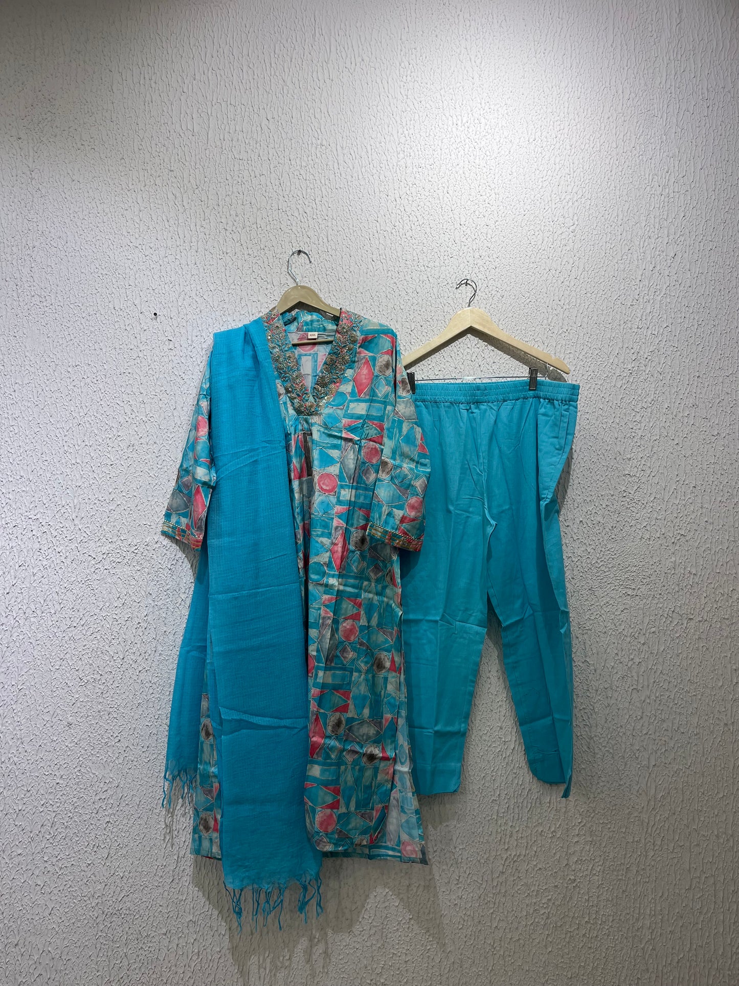 Blue Muslin Suit Set With Kota Doriya Dupatta