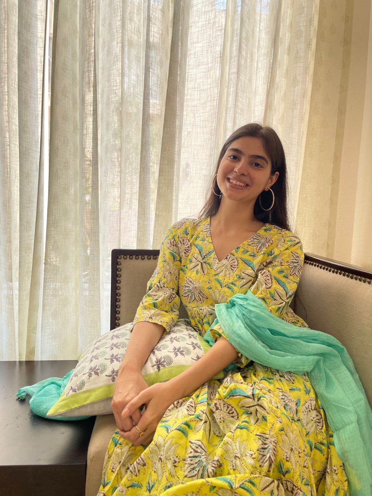 Lemon Printed Cotton Anarkali Suit Set with Kota doriya dupatta