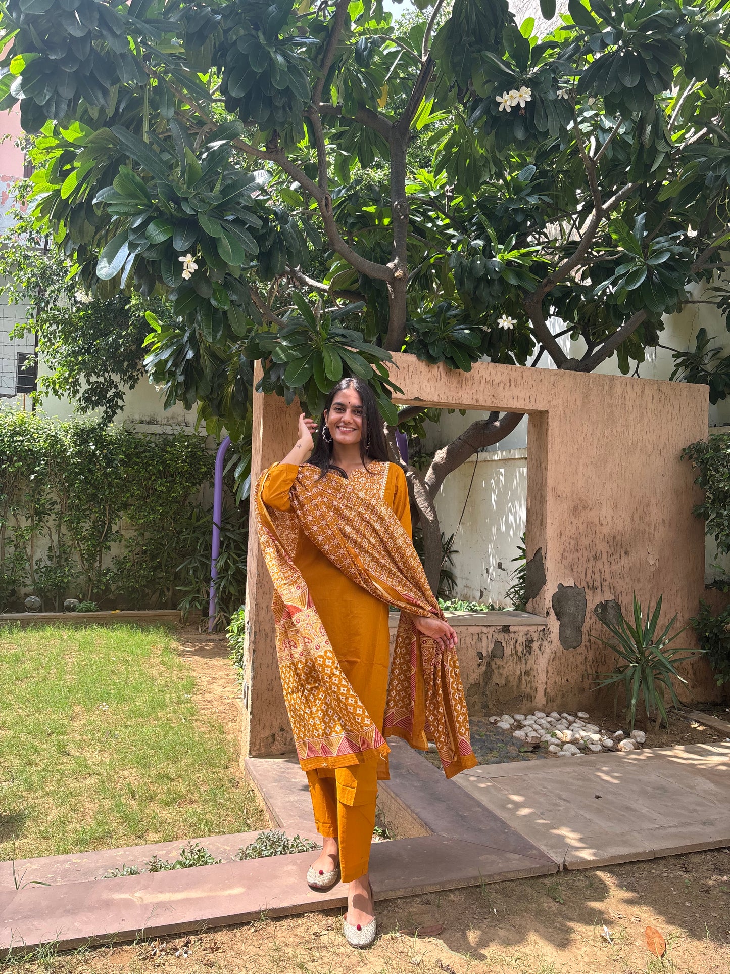 Mustard Cotton Suit Set with Ajrak Printed Dupatta