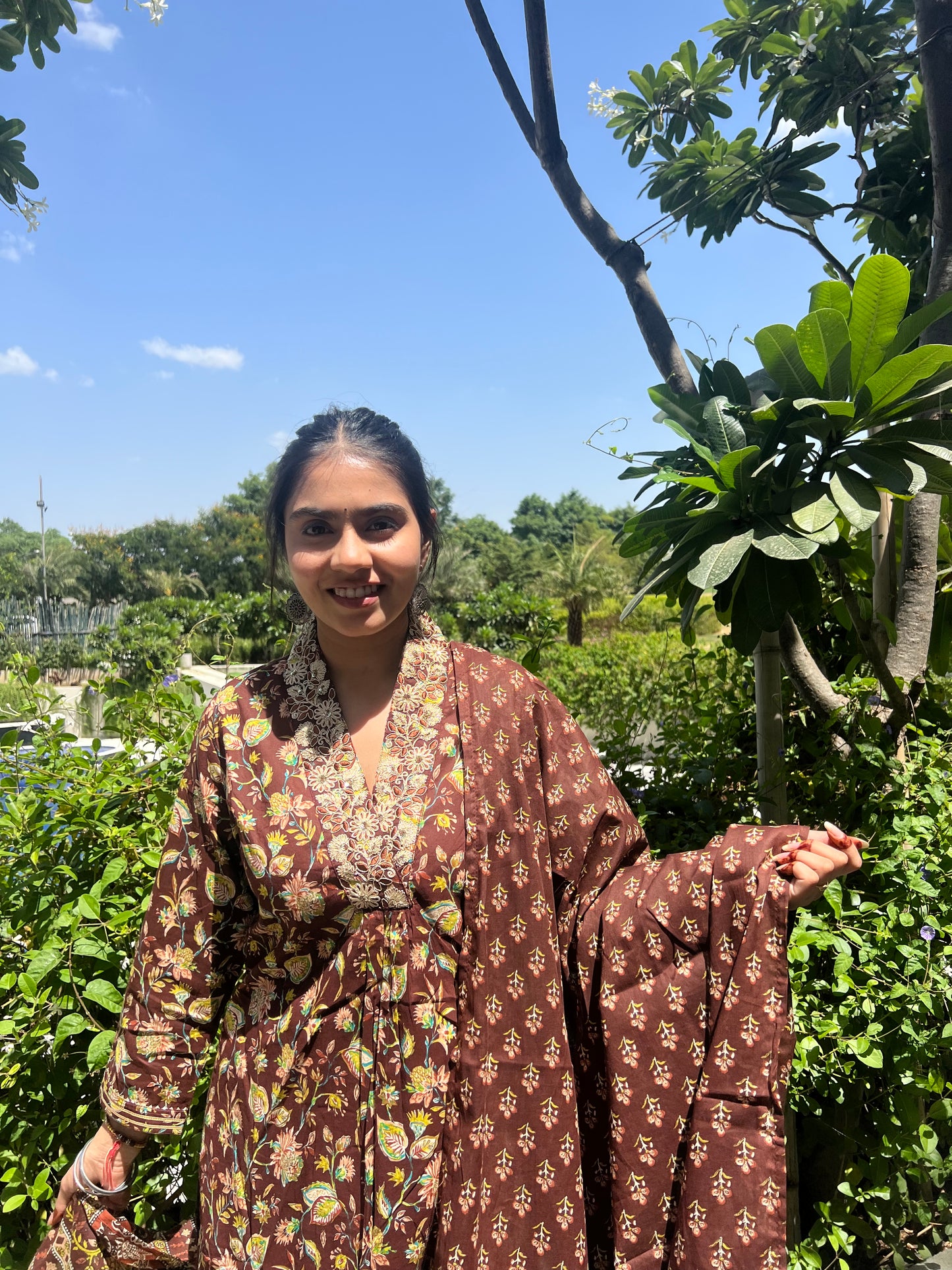 Brown Cotton Printed Dupatta Set.