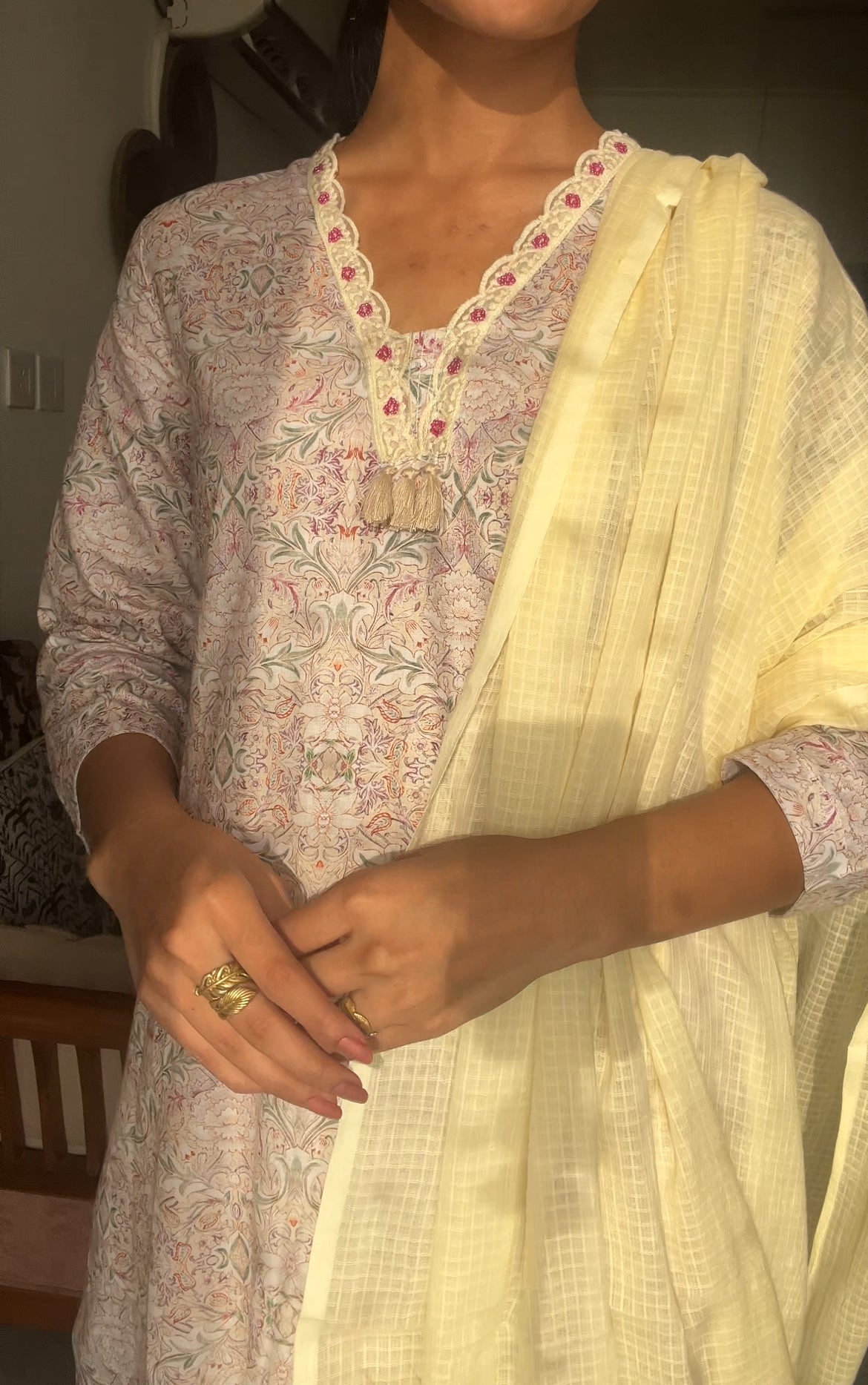 Cream Cotton Suit Set With Kota Doriya Dupatta