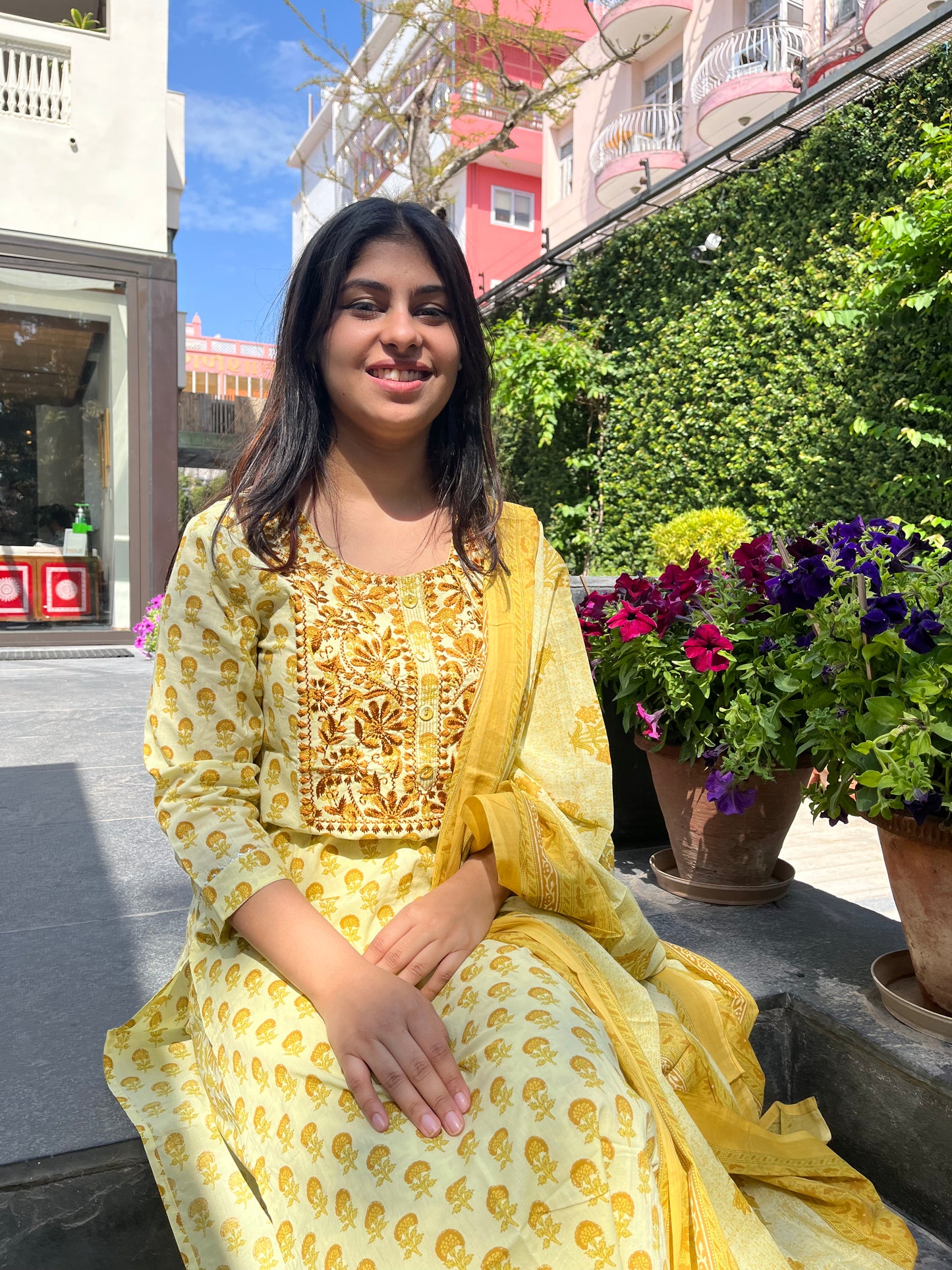Pastel Green Cotton Printed Dupatta Set with embroidery.