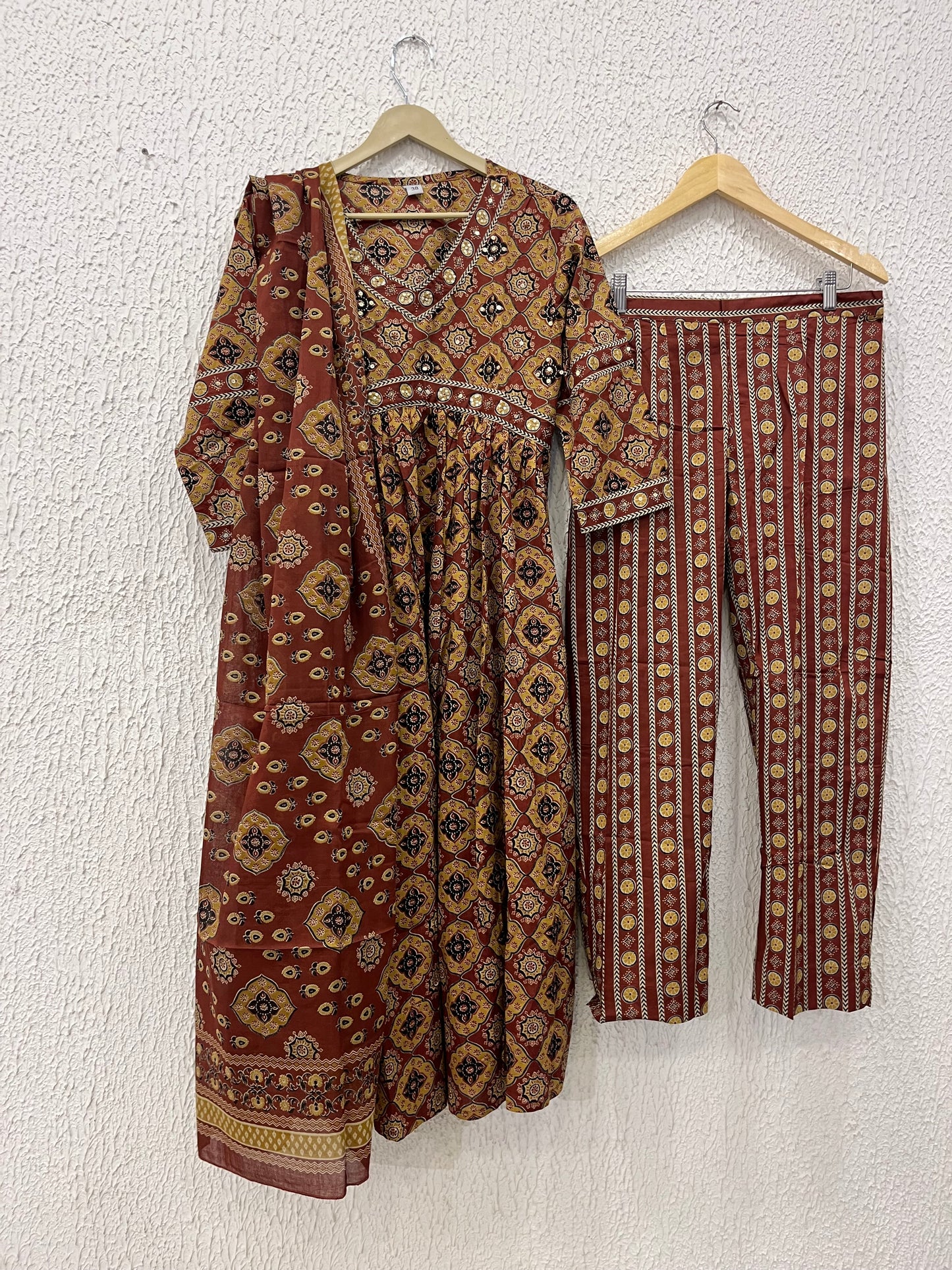 Brown Printed Cotton Anarkali Set With Printed Dupatta