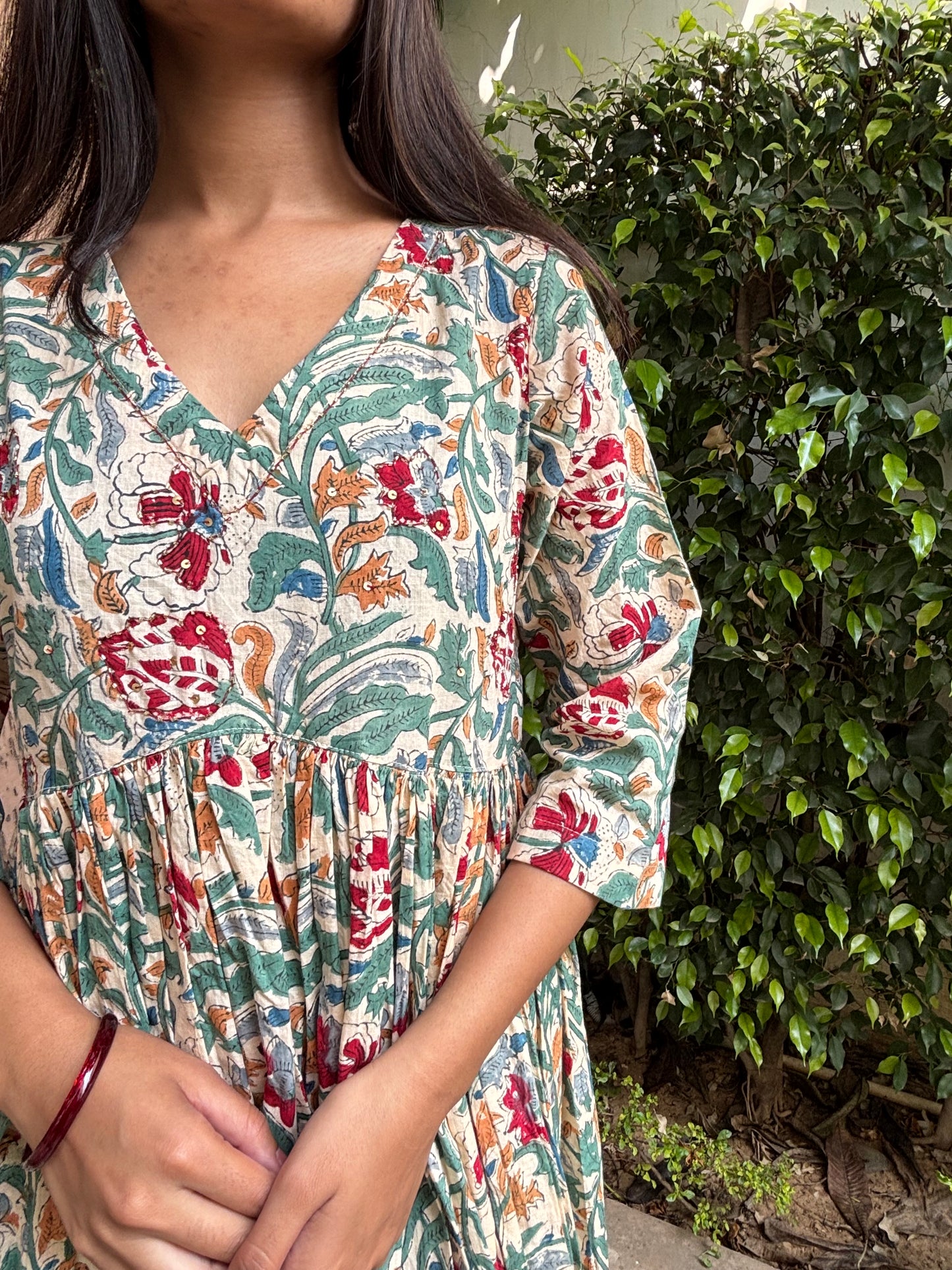 Green Handblock Printed Cotton Anarkali