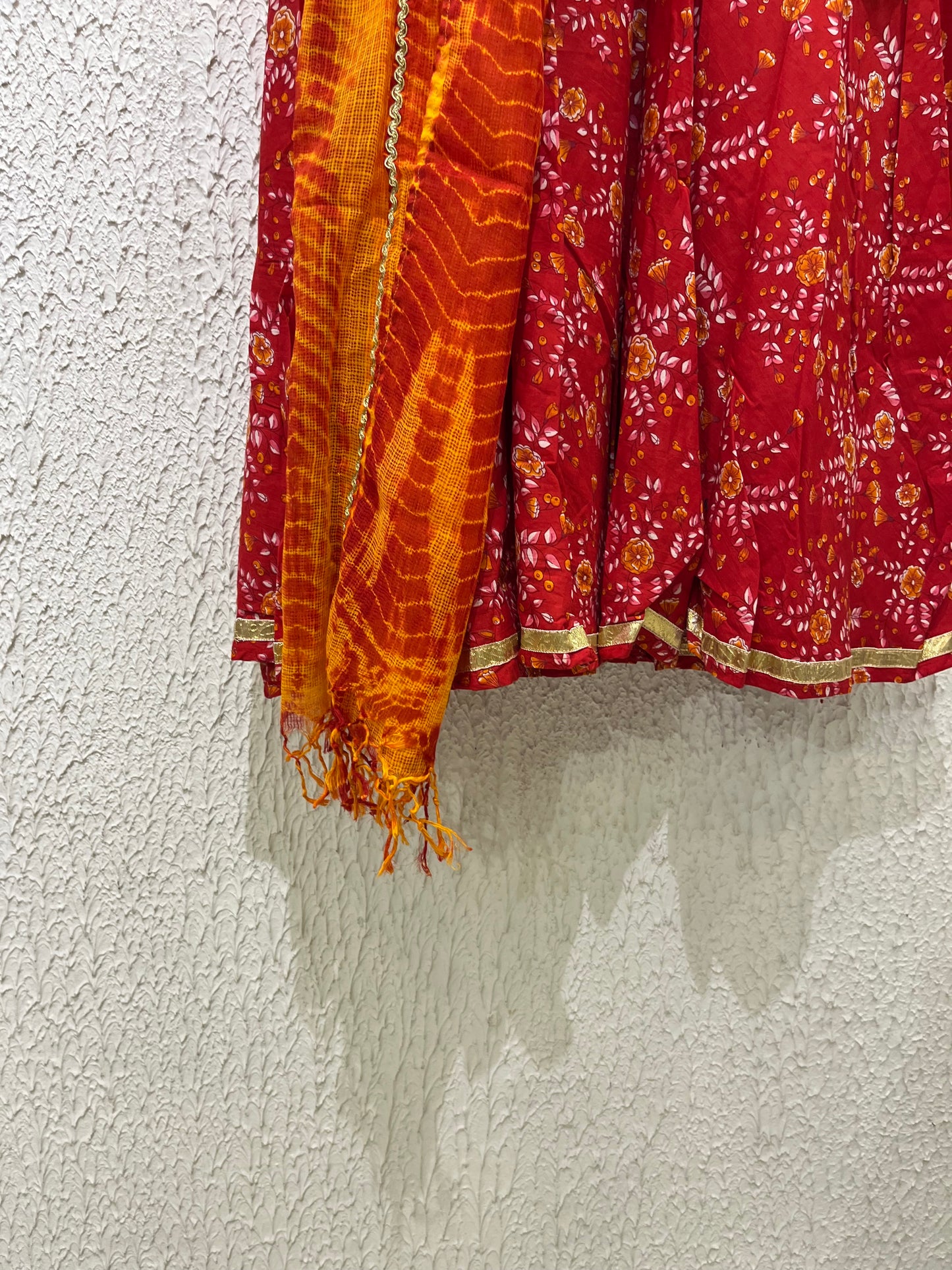 Red Printed Cotton Anarkali Suit Set With Kota Doriya Dupatta