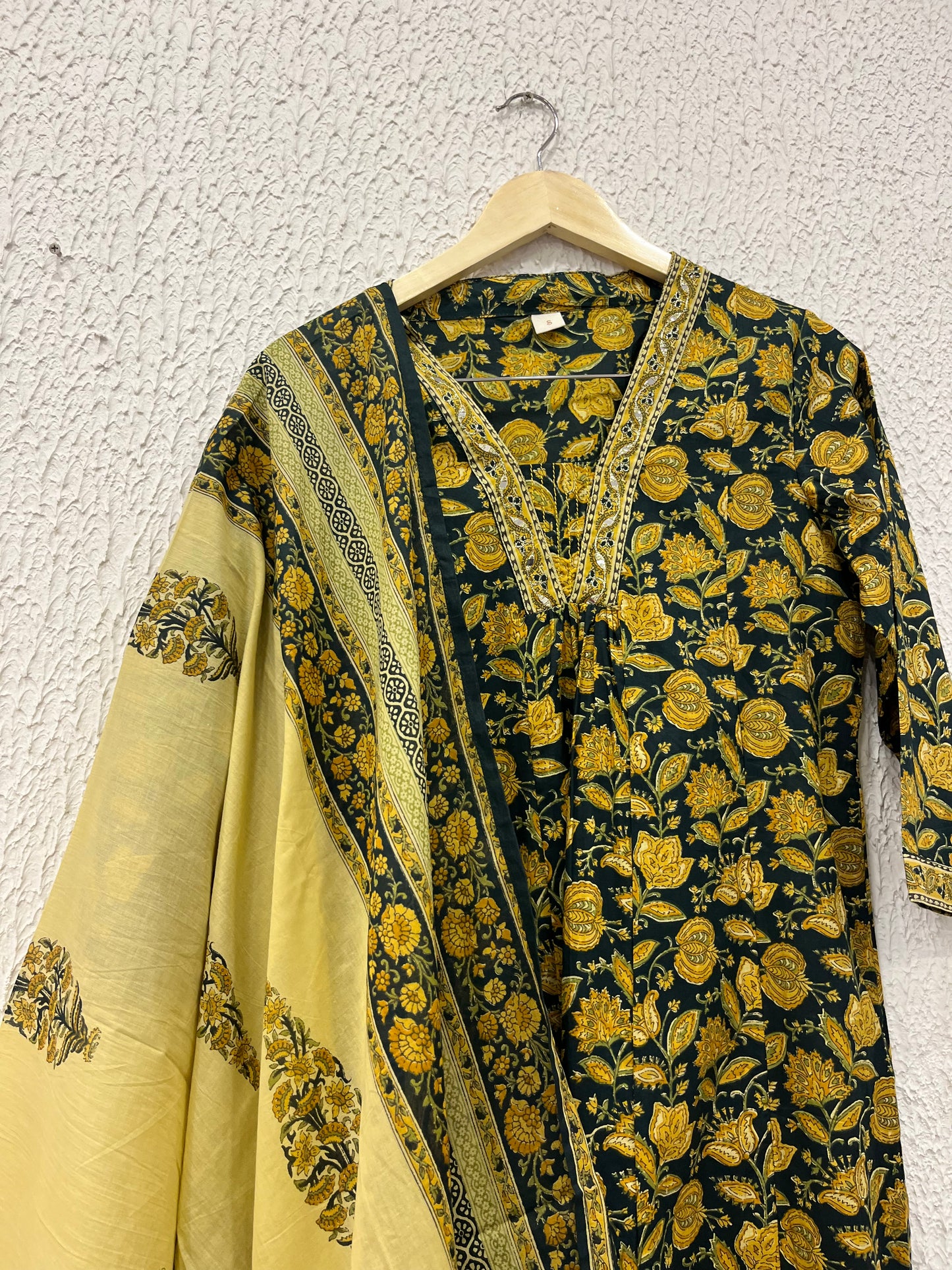 Green Printed Cotton A-line Suit Set