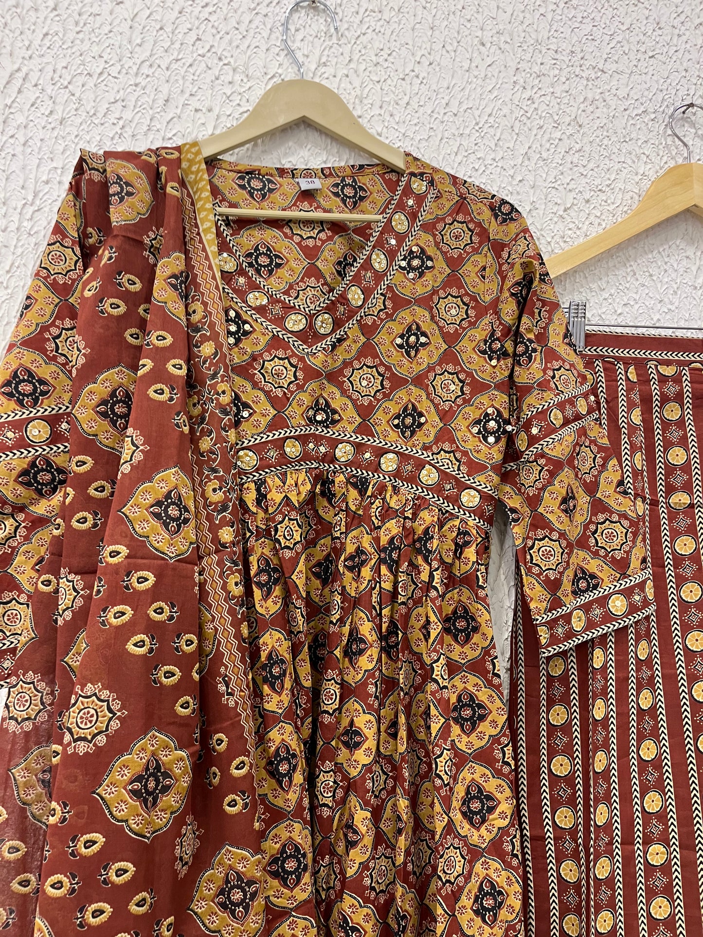 Brown Printed Cotton Anarkali Set With Printed Dupatta