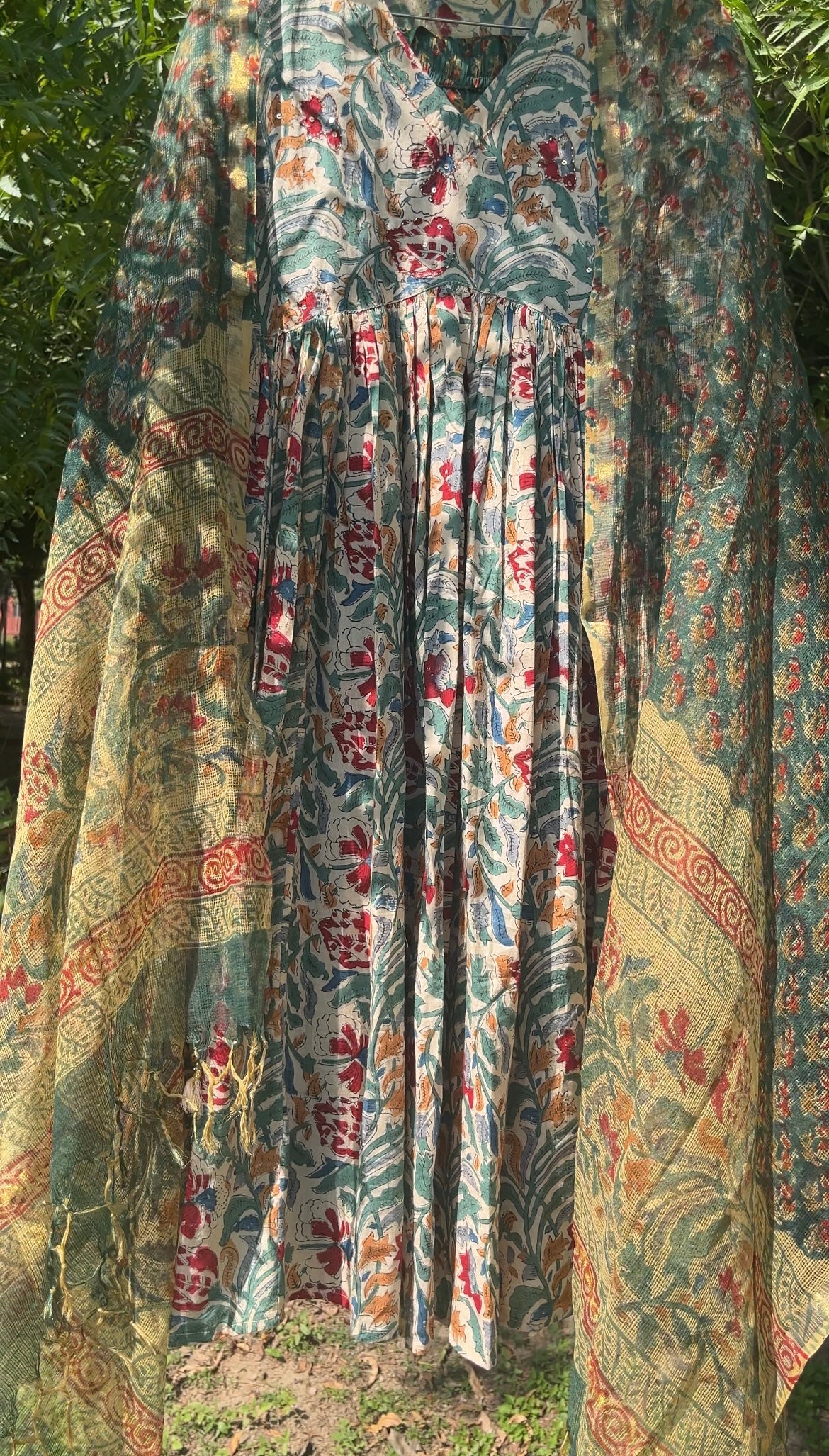 Green Handblock Printed Cotton Anarkali