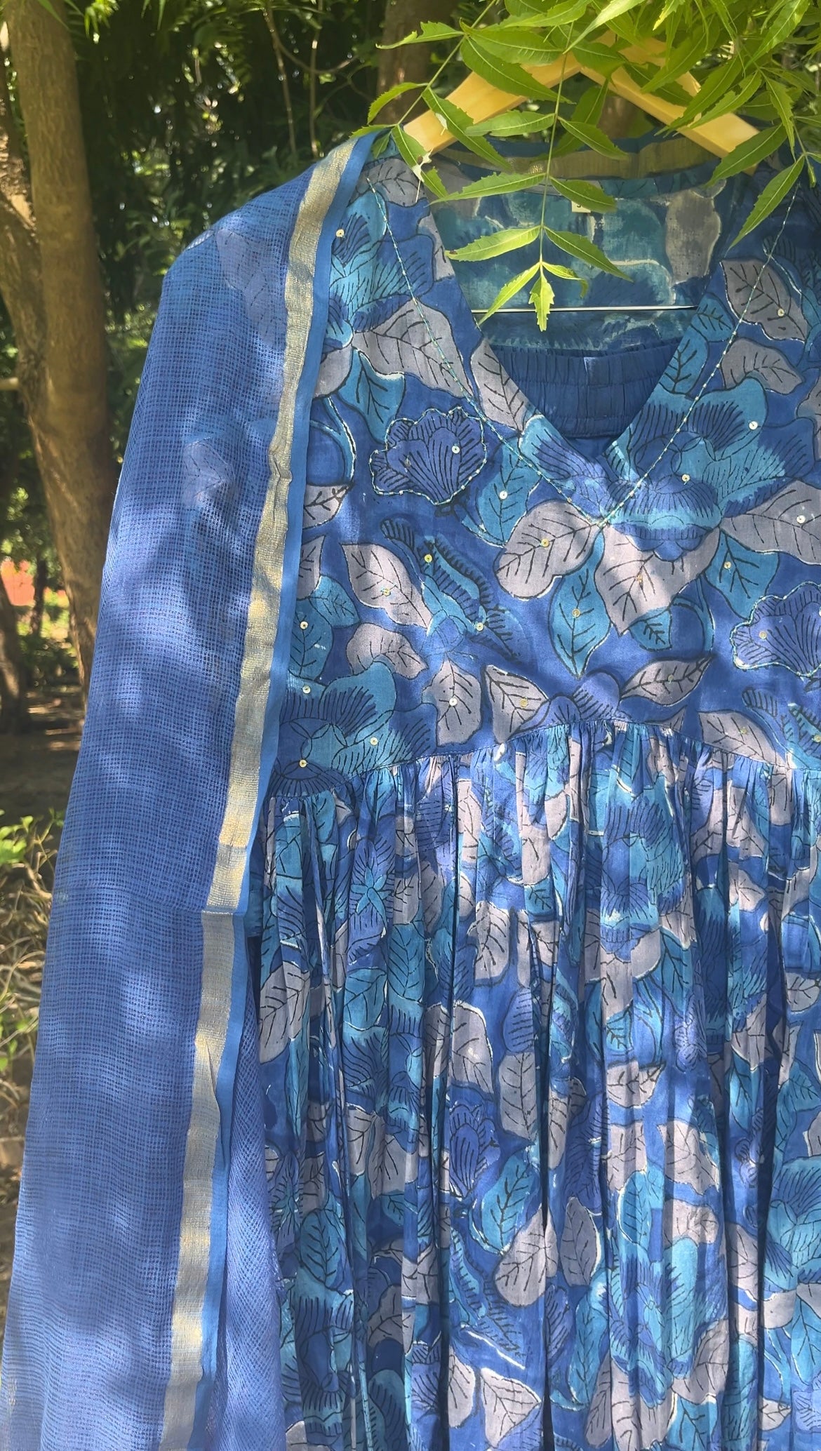 Blue Handblock Printed Cotton Anarkali