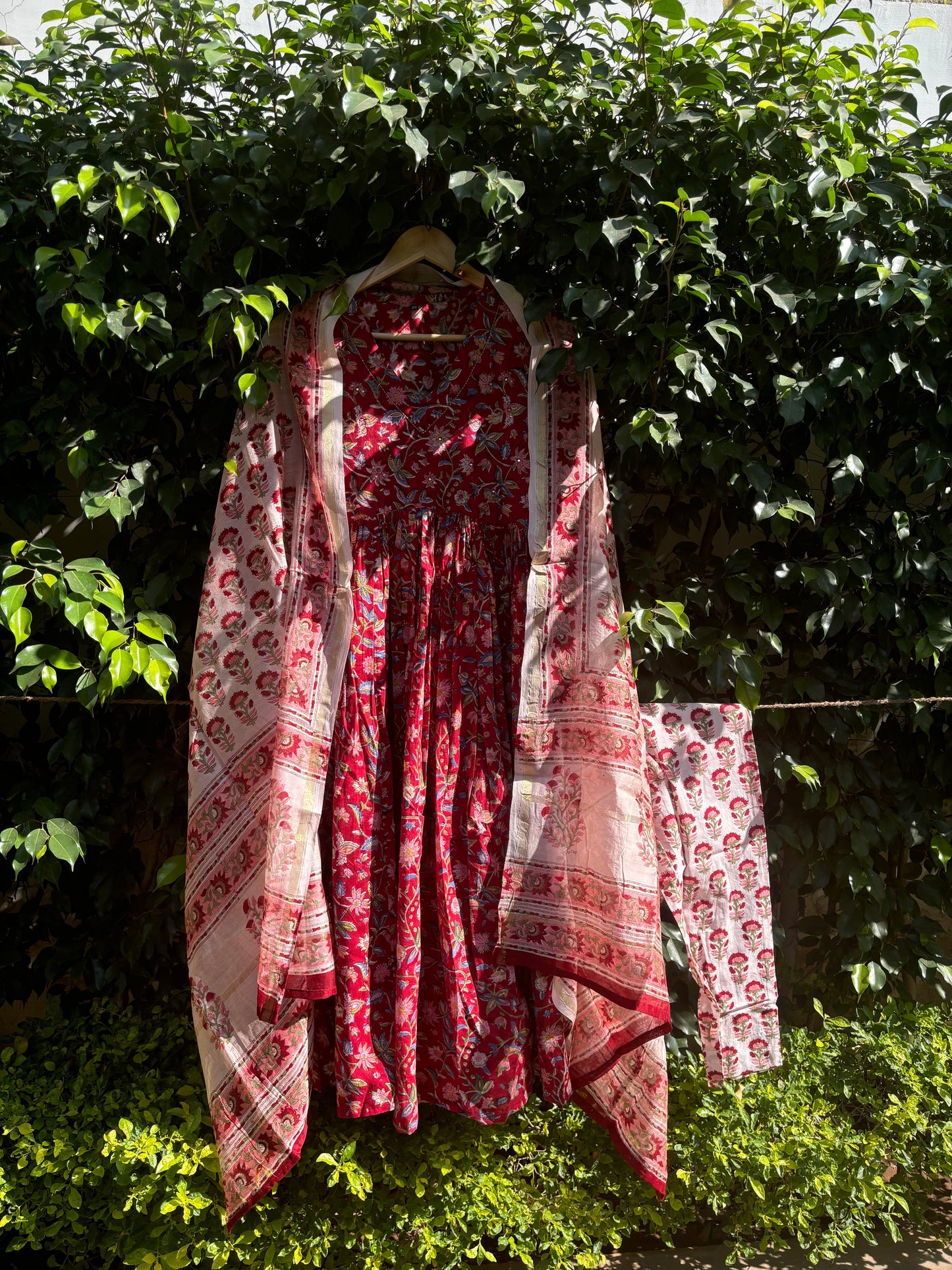 Red Pure Hand-block Anarkali Suit Set with Chanderi Dupatta