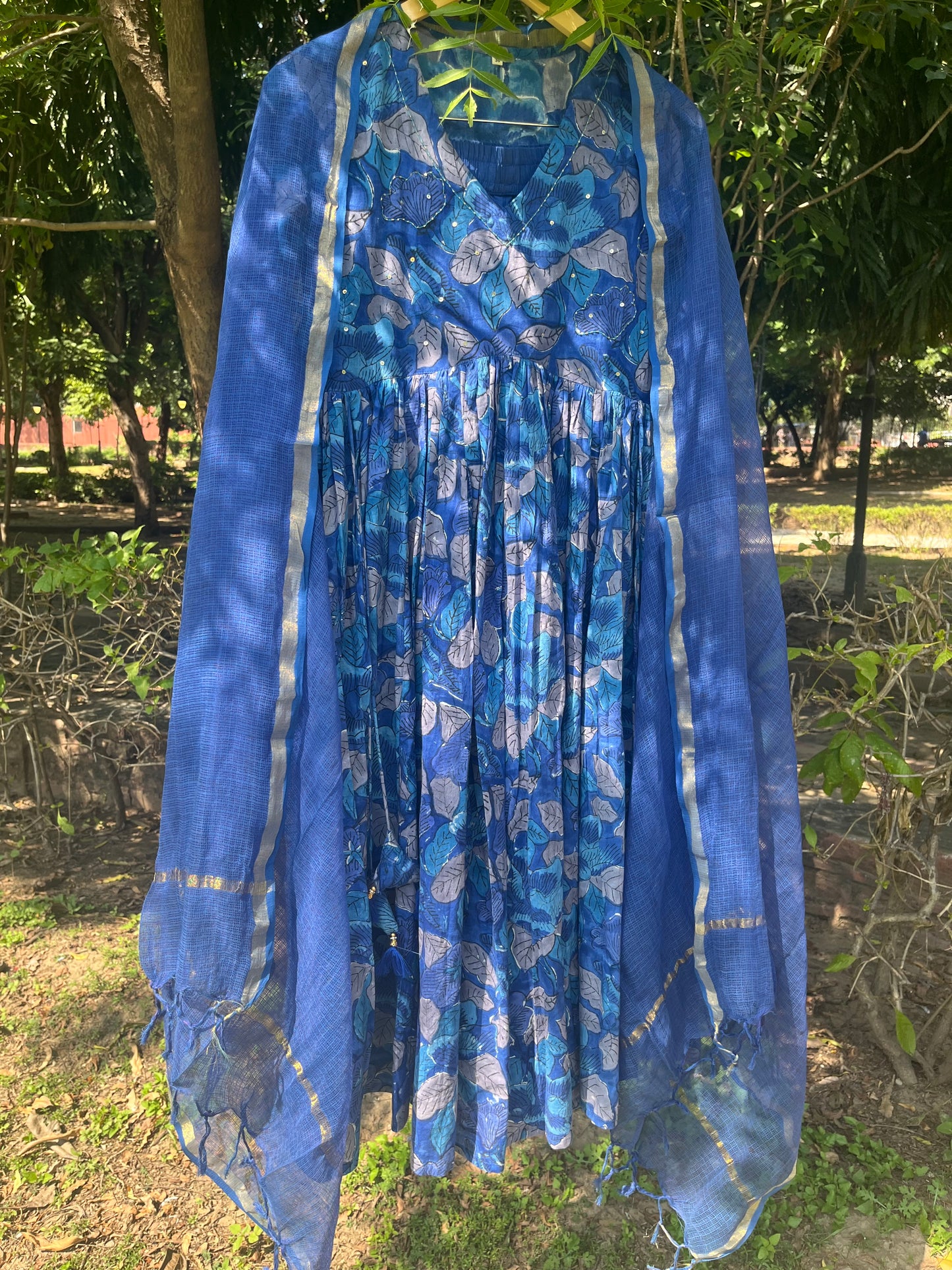 Blue Handblock Printed Cotton Anarkali
