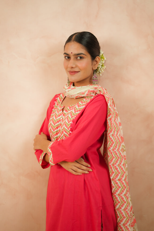 Pink Cotton Block-Printed Kurta Set