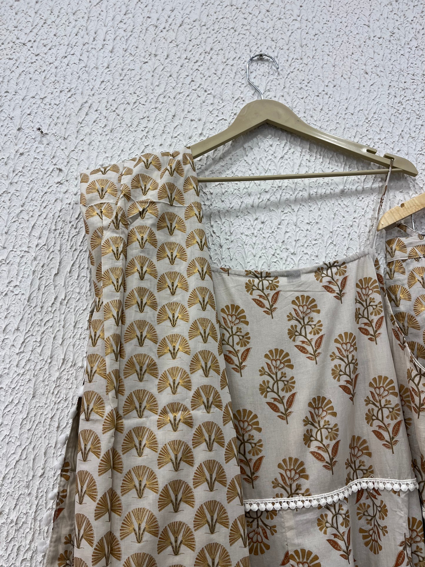 Beige Printed Cotton Anarkali Suit Set with lace detailing