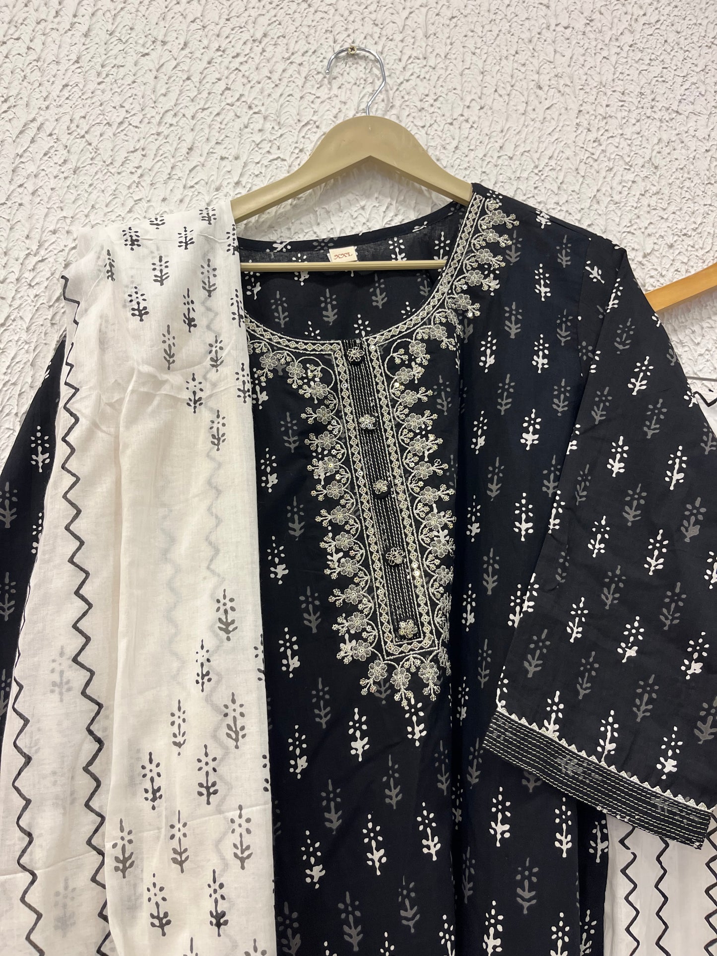 Black printed cotton kurta set with dupatta