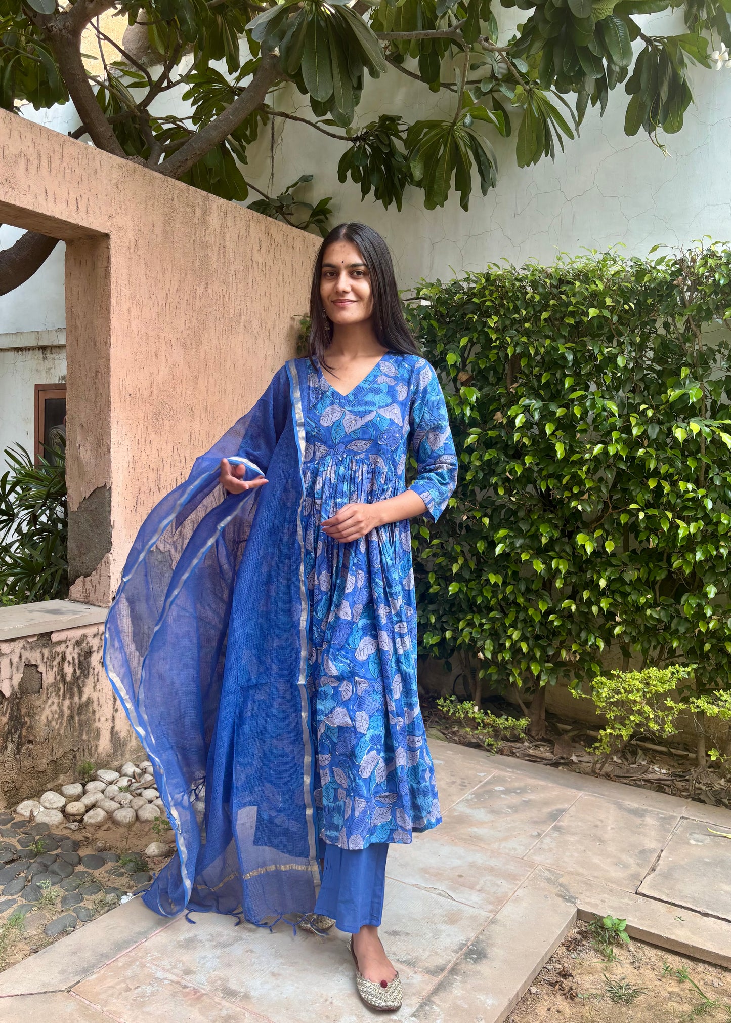 Blue Handblock Printed Cotton Anarkali