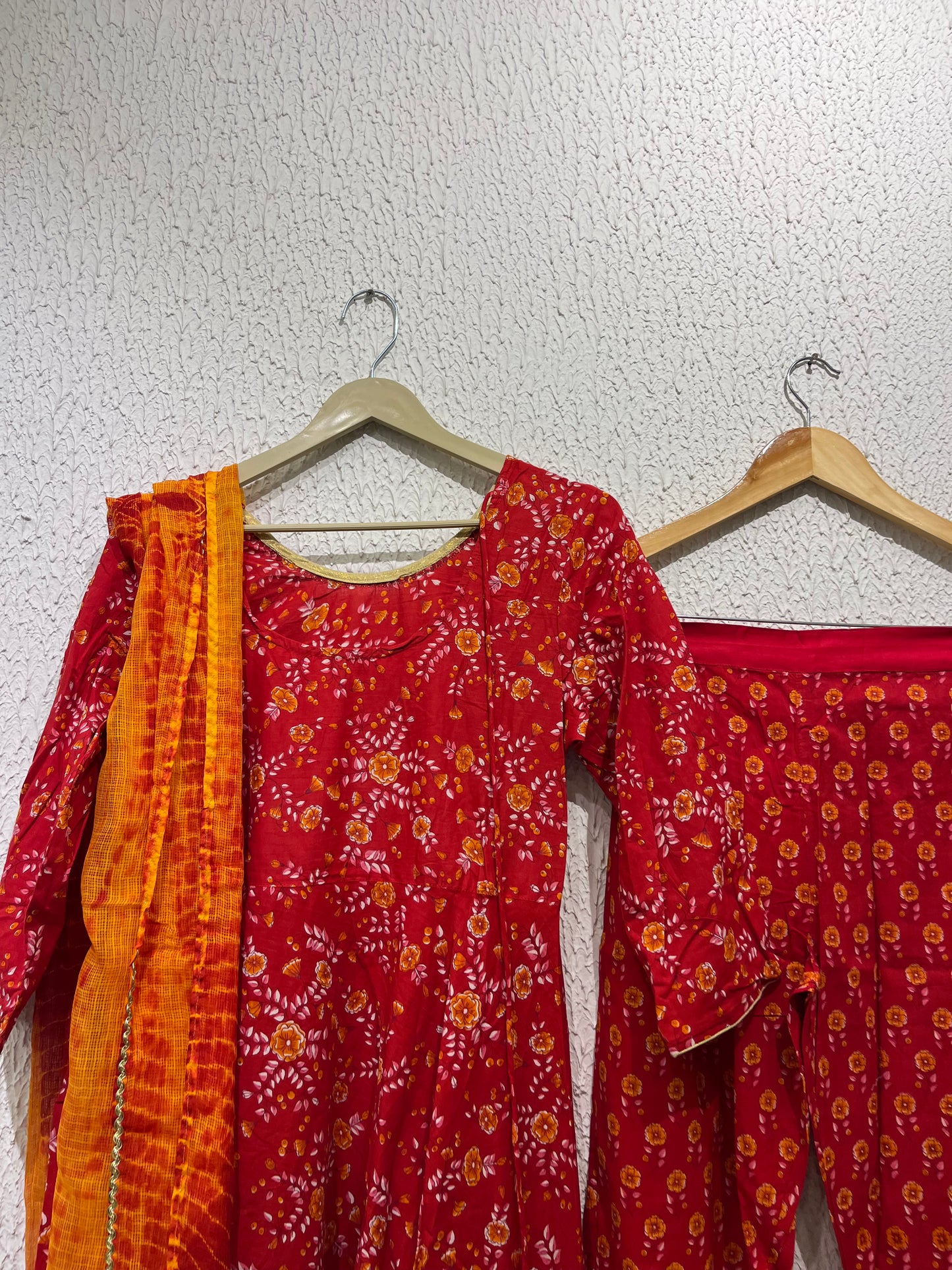 Red Printed Cotton Anarkali Suit Set With Kota Doriya Dupatta