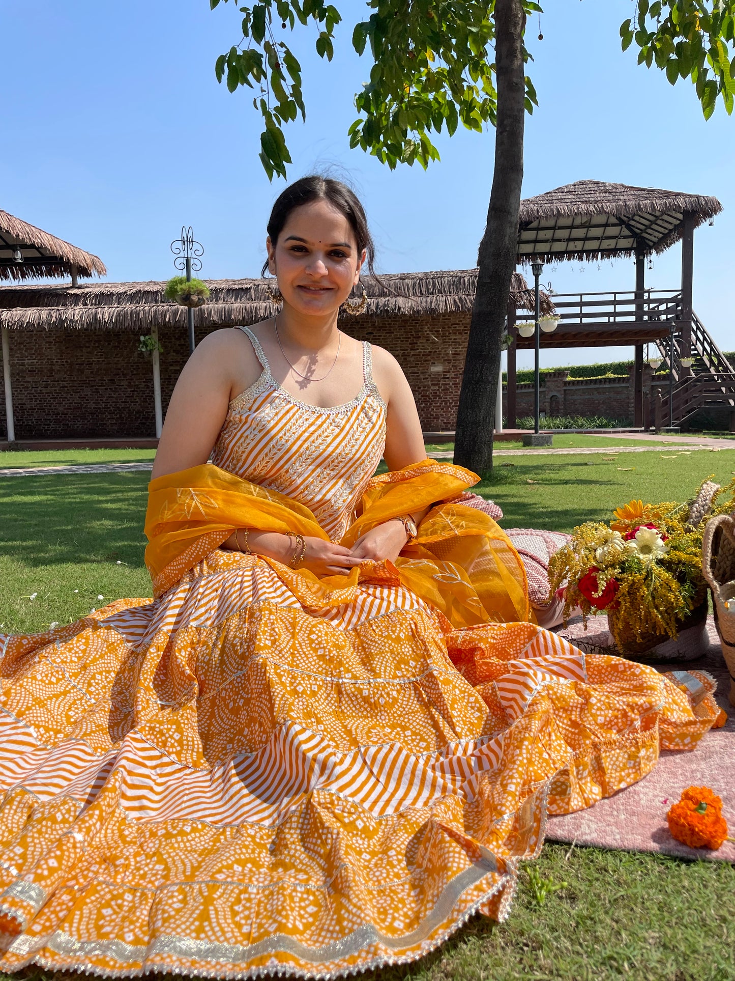 Yellow Gotta work Cotton Anarkali Suit Set with Organza Dupatta