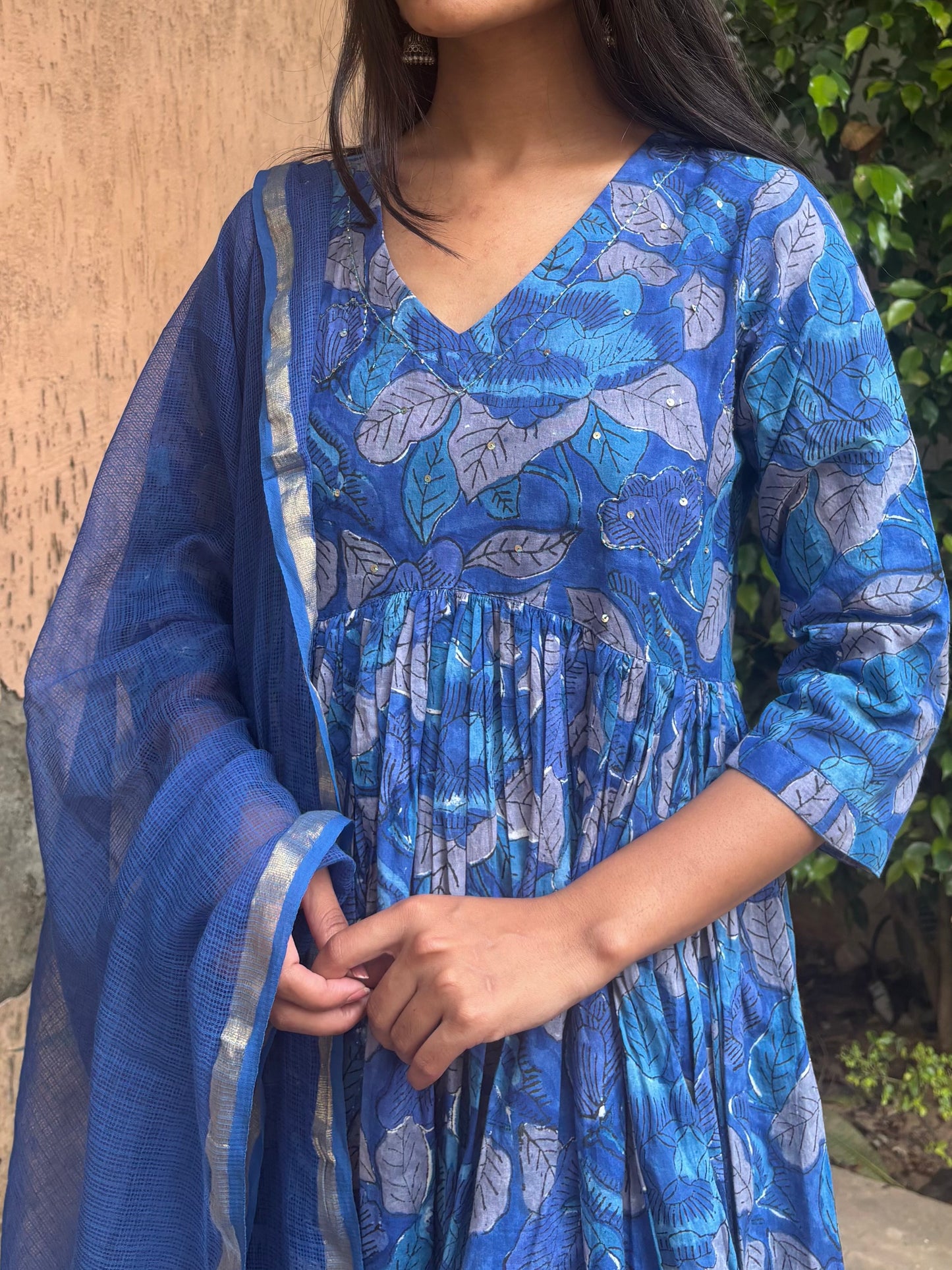 Blue Handblock Printed Cotton Anarkali